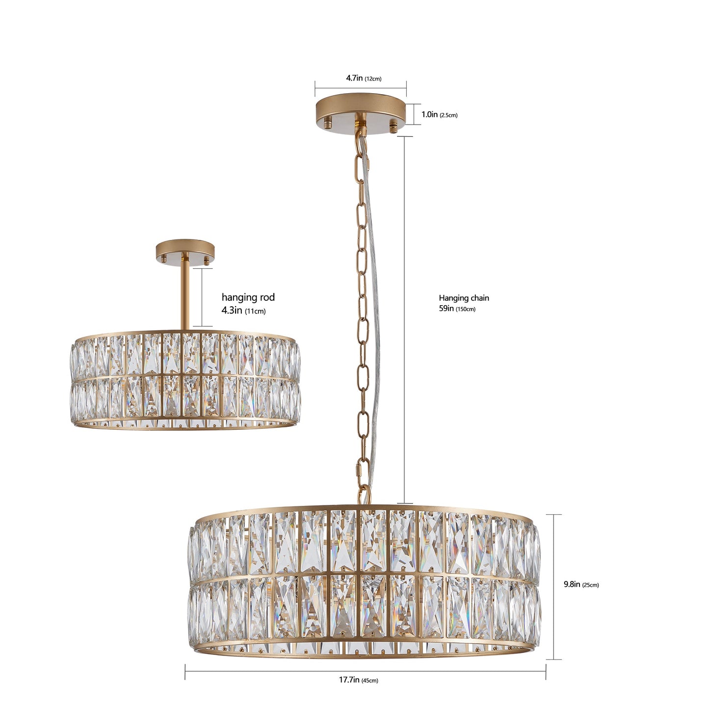 (L5025 - 450 - G/W1340P189450)18' Golden Modern Crystal Drum Chandelier, 6 - Light Pendant Lighting Fixture with Metal Frame for Living Room, Dining Room, and Bedroom (Bulbs Not Included) - 1st Choice Furniture Direct