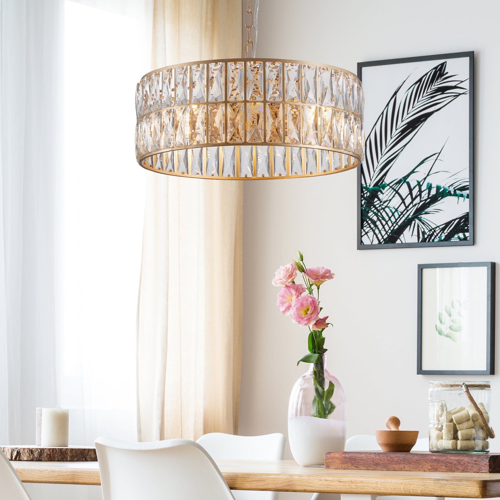 (L5025 - 450 - G/W1340P189450)18' Golden Modern Crystal Drum Chandelier, 6 - Light Pendant Lighting Fixture with Metal Frame for Living Room, Dining Room, and Bedroom (Bulbs Not Included) - 1st Choice Furniture Direct