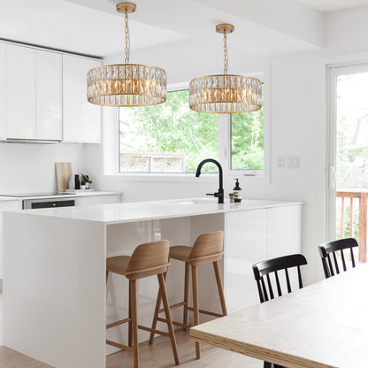 (L5025 - 450 - G/W1340P189450)18' Golden Modern Crystal Drum Chandelier, 6 - Light Pendant Lighting Fixture with Metal Frame for Living Room, Dining Room, and Bedroom (Bulbs Not Included) - 1st Choice Furniture Direct