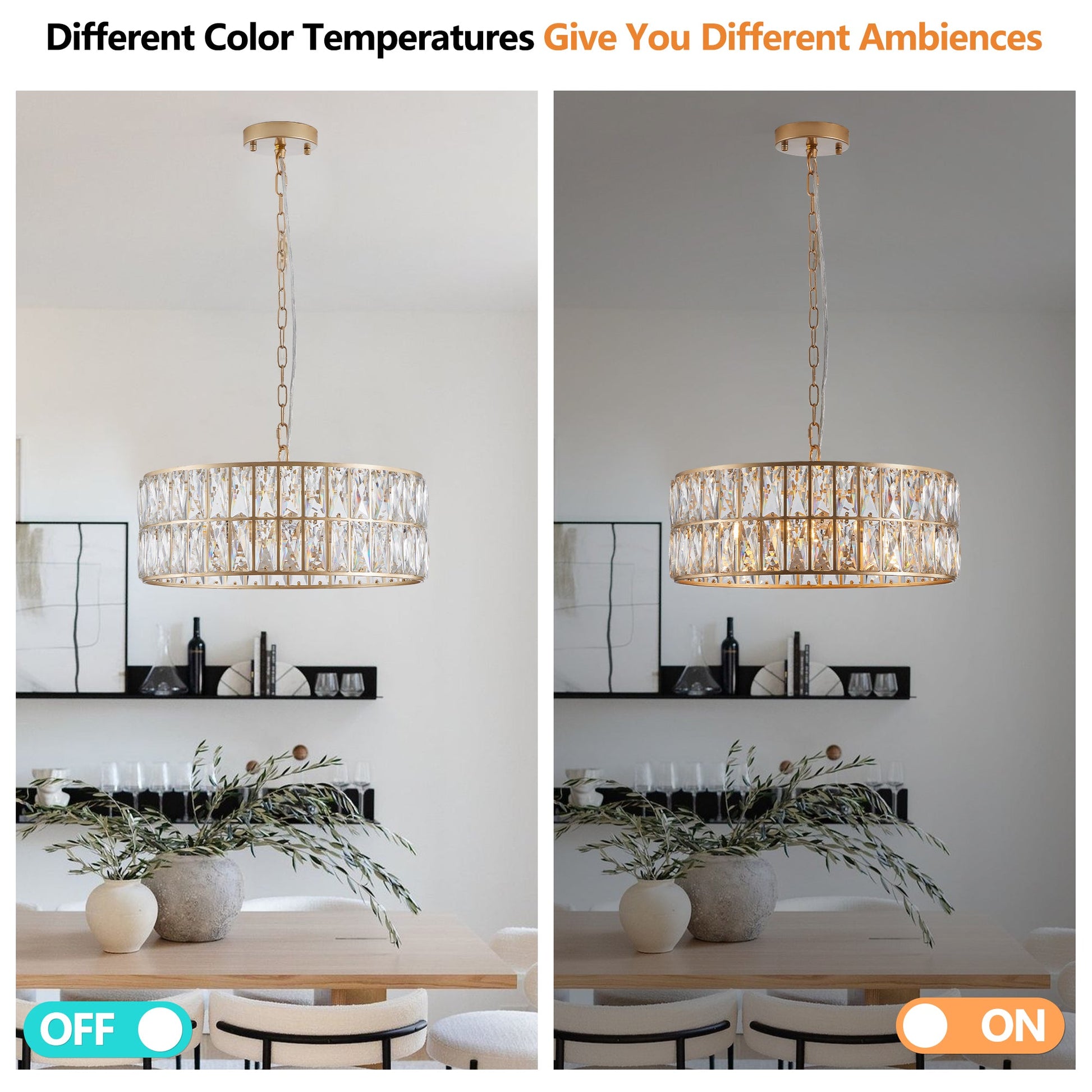 (L5025 - 450 - G/W1340P189450)18' Golden Modern Crystal Drum Chandelier, 6 - Light Pendant Lighting Fixture with Metal Frame for Living Room, Dining Room, and Bedroom (Bulbs Not Included) - 1st Choice Furniture Direct