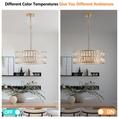 (L5025 - 450 - G/W1340P189450)18' Golden Modern Crystal Drum Chandelier, 6 - Light Pendant Lighting Fixture with Metal Frame for Living Room, Dining Room, and Bedroom (Bulbs Not Included) - 1st Choice Furniture Direct