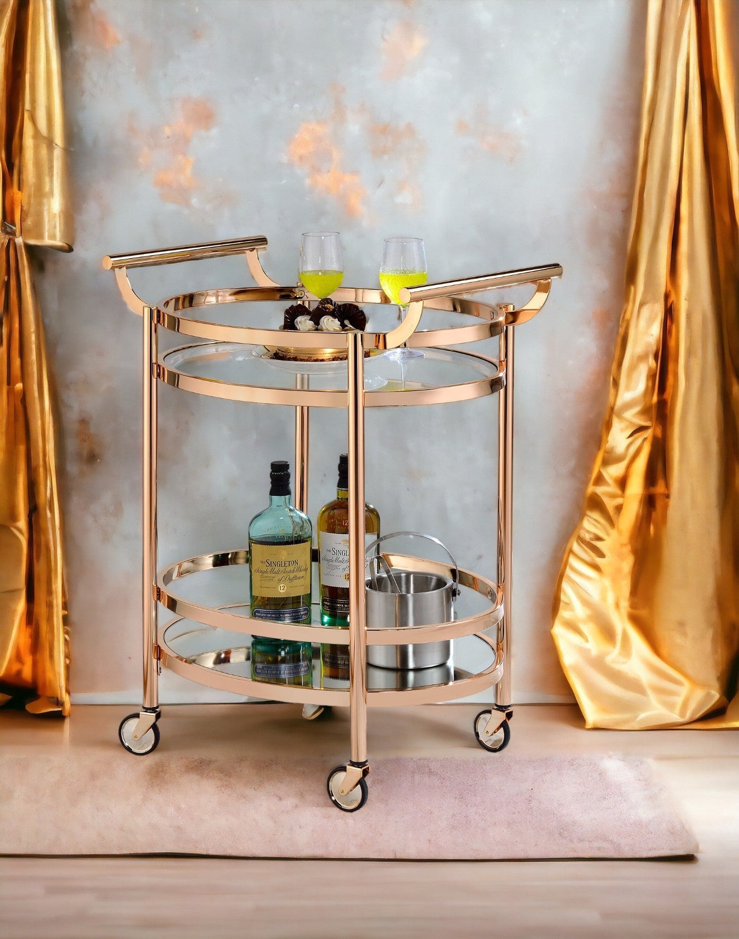Lakelyn Clear Glass & Rose Gold Finish Serving Cart - 1st Choice Furniture Direct