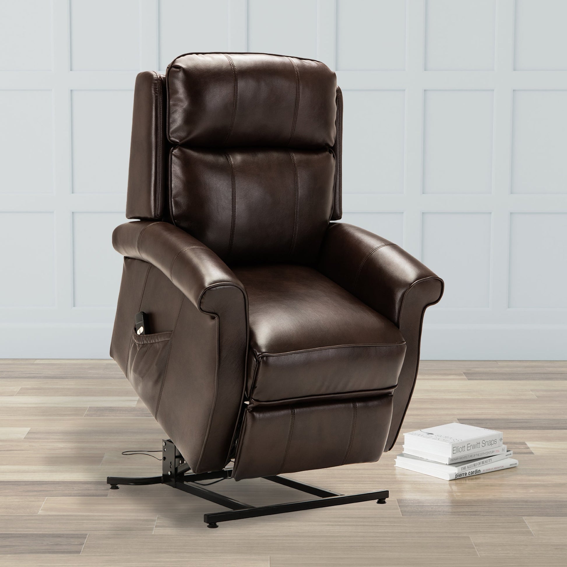Landis Brown Traditional Lift Chair with Electric Recline Function in Faux Leather - 1st Choice Furniture Direct