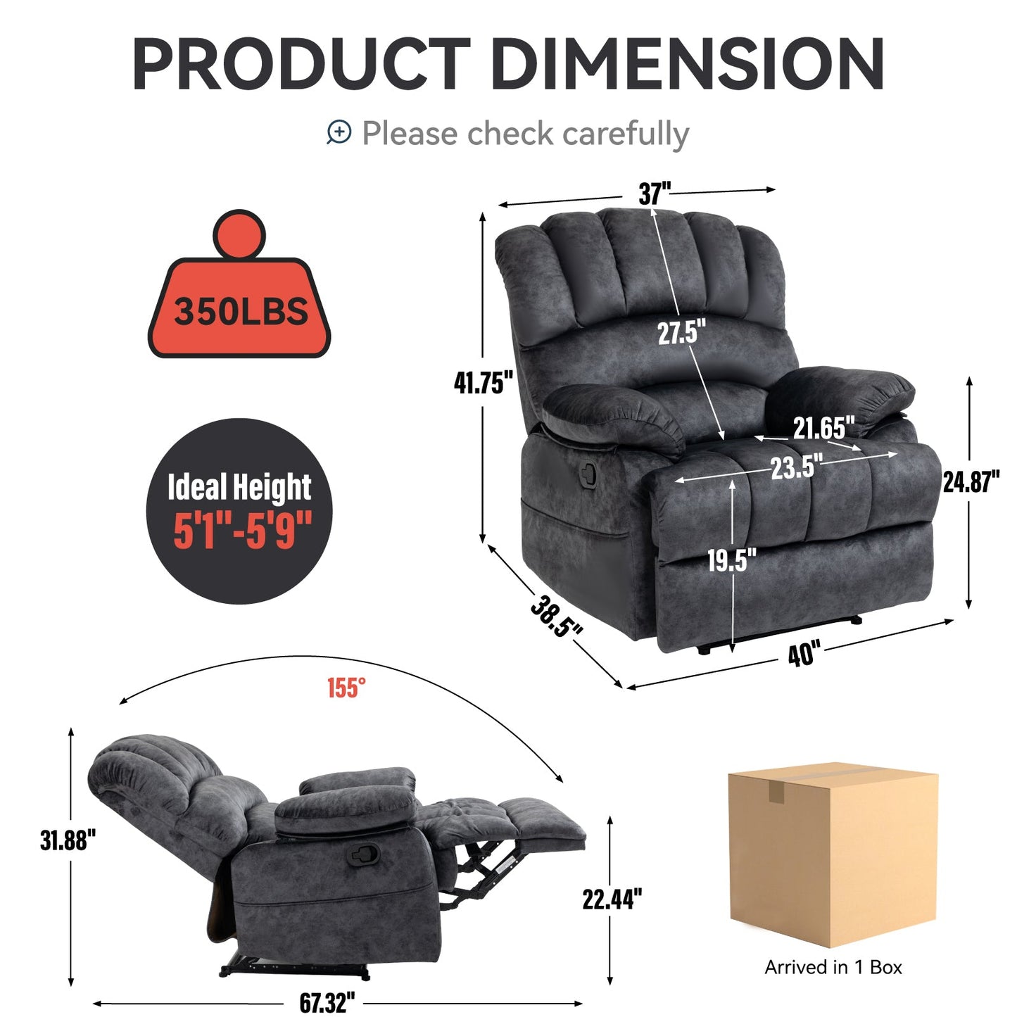 Large Manual Recliner Chair in Fabric for Living Room, Grey - 1st Choice Furniture Direct