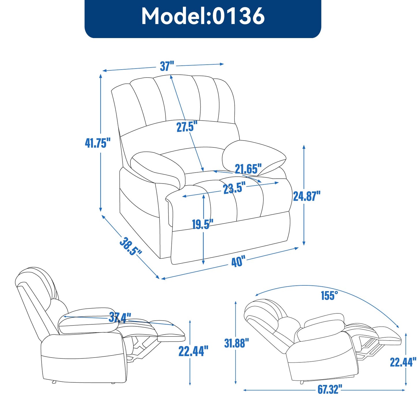 Large Manual Recliner Chair in Fabric for Living Room, Grey - 1st Choice Furniture Direct