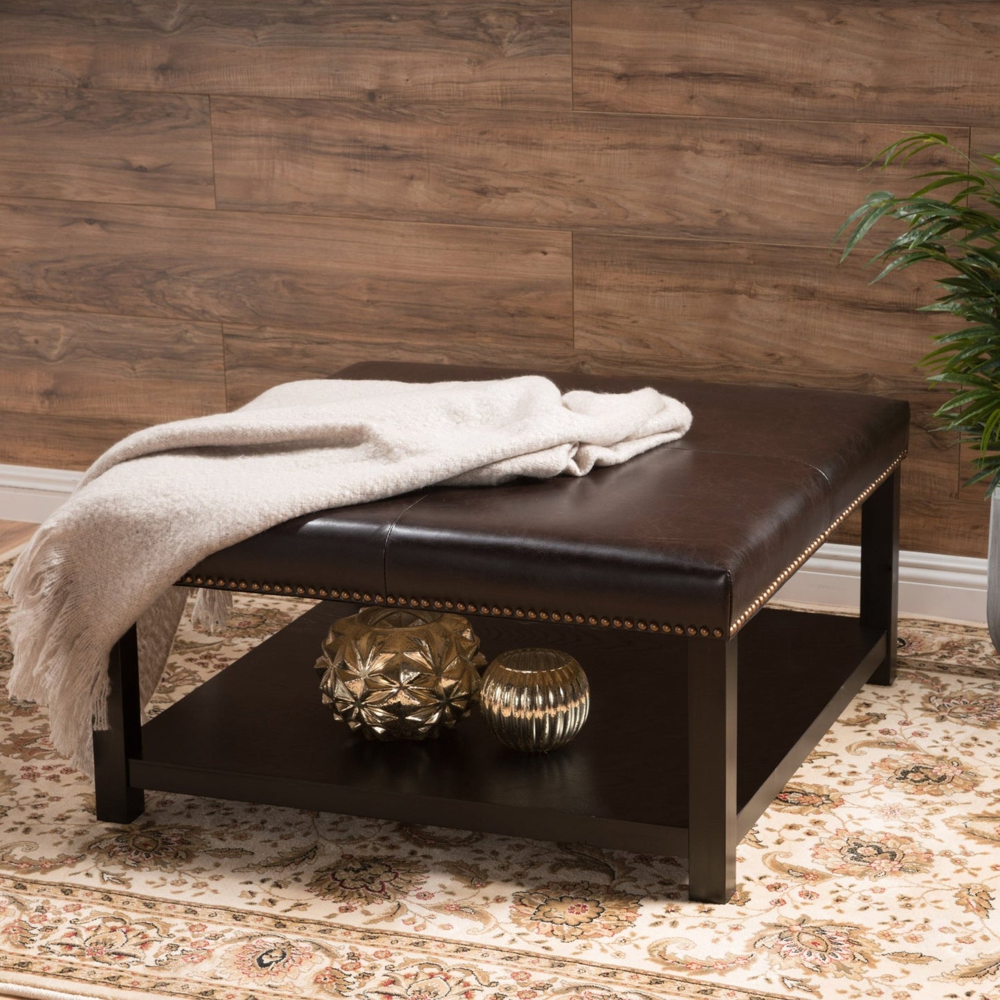 Large Square Ottoman Bench, faux leather Coffee Table Ottoman with rack & Solid Wood Legs, Oversized Ottoman for Living Room - 1st Choice Furniture Direct