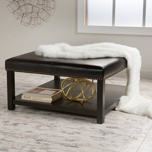 Large Square Ottoman Bench, faux leather Coffee Table Ottoman with rack & Solid Wood Legs, Oversized Ottoman for Living Room - 1st Choice Furniture Direct