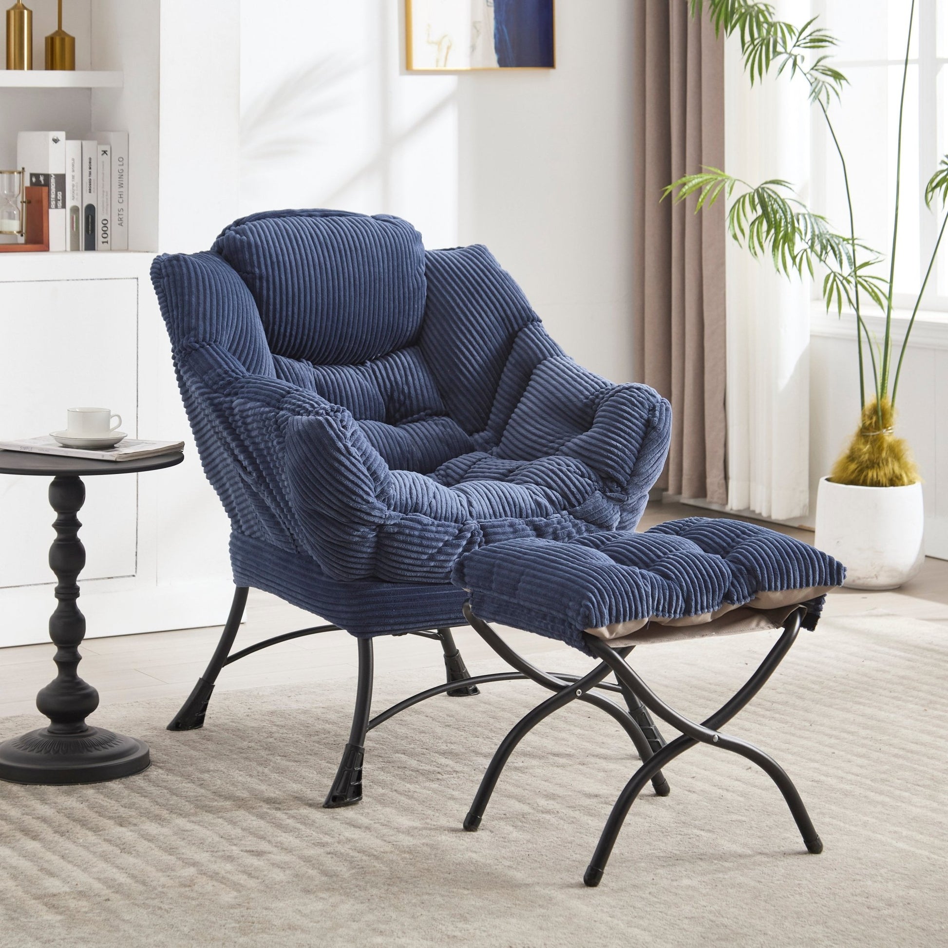 Lazy Chair with Ottoman, Modern Lounge Accent Chair with Armrests and a Side Pocket, Leisure Upholstered Sofa Chair Reading Chair with Footrest for Small Space, Corner Chair - Navy blue - 1st Choice Furniture Direct