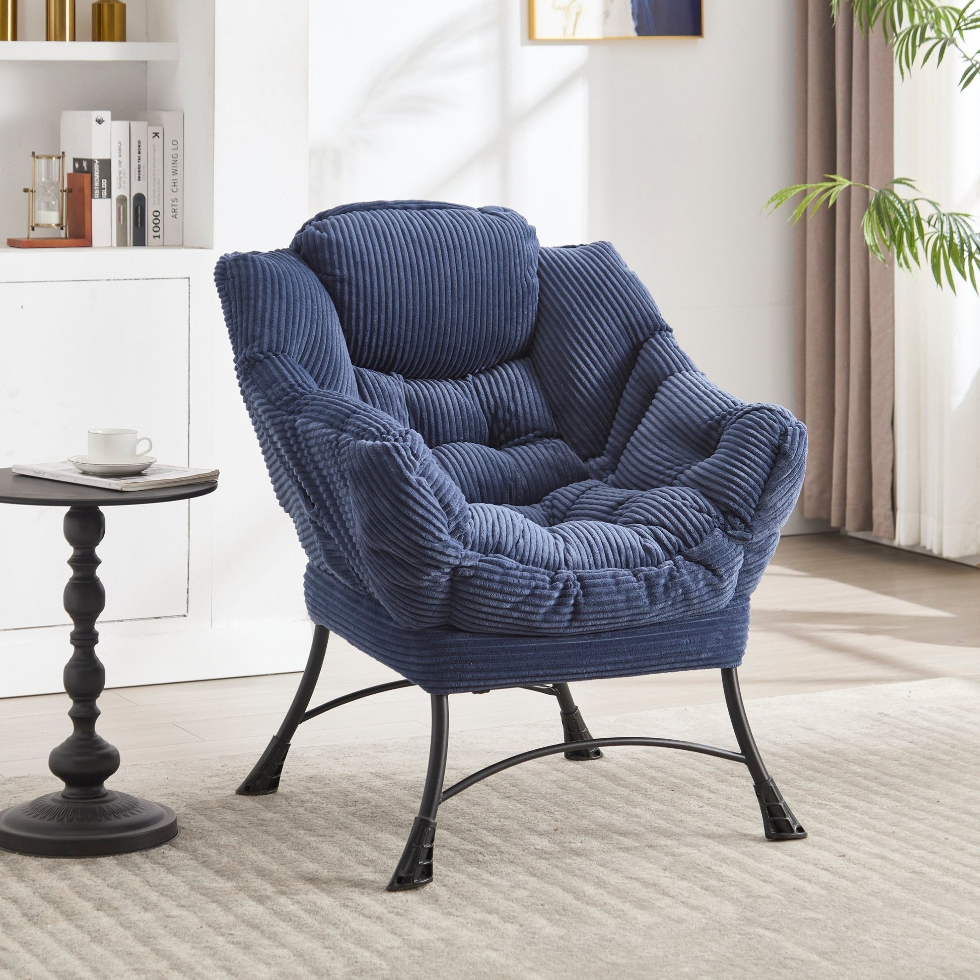 Lazy Chair with Ottoman, Modern Lounge Accent Chair with Armrests and a Side Pocket, Leisure Upholstered Sofa Chair Reading Chair with Footrest for Small Space, Corner Chair - Navy blue - 1st Choice Furniture Direct
