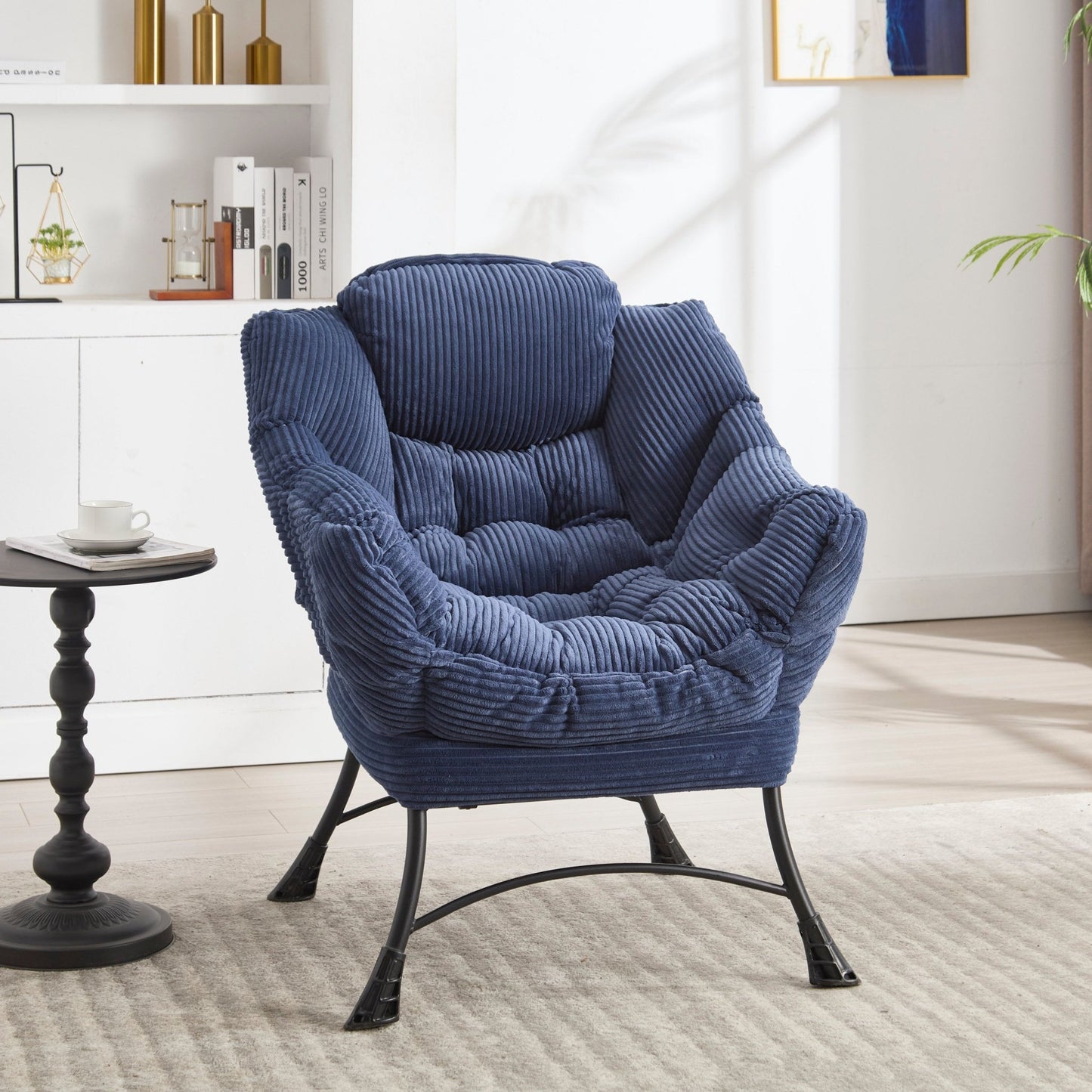 Lazy Chair with Ottoman, Modern Lounge Accent Chair with Armrests and a Side Pocket, Leisure Upholstered Sofa Chair Reading Chair with Footrest for Small Space, Corner Chair - Navy blue - 1st Choice Furniture Direct
