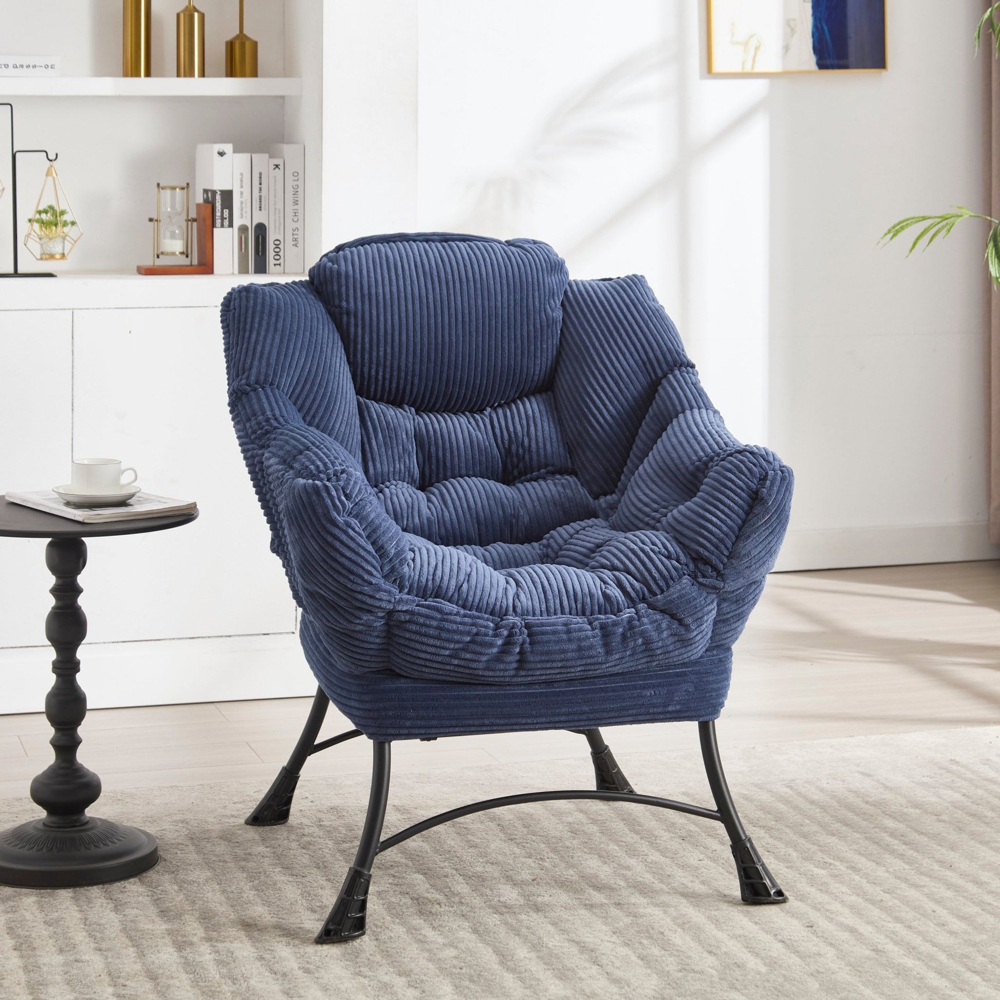 Lazy Chair with Ottoman, Modern Lounge Accent Chair with Armrests and a Side Pocket, Leisure Upholstered Sofa Chair Reading Chair with Footrest for Small Space, Corner Chair - Navy blue - 1st Choice Furniture Direct