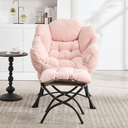 Lazy Chair with Ottoman, Modern Lounge Accent Chair with Armrests and a Side Pocket, Leisure Upholstered Sofa Chair Reading Chair with Footrest for Small Space, Corner Chair - Pink - 1st Choice Furniture Direct
