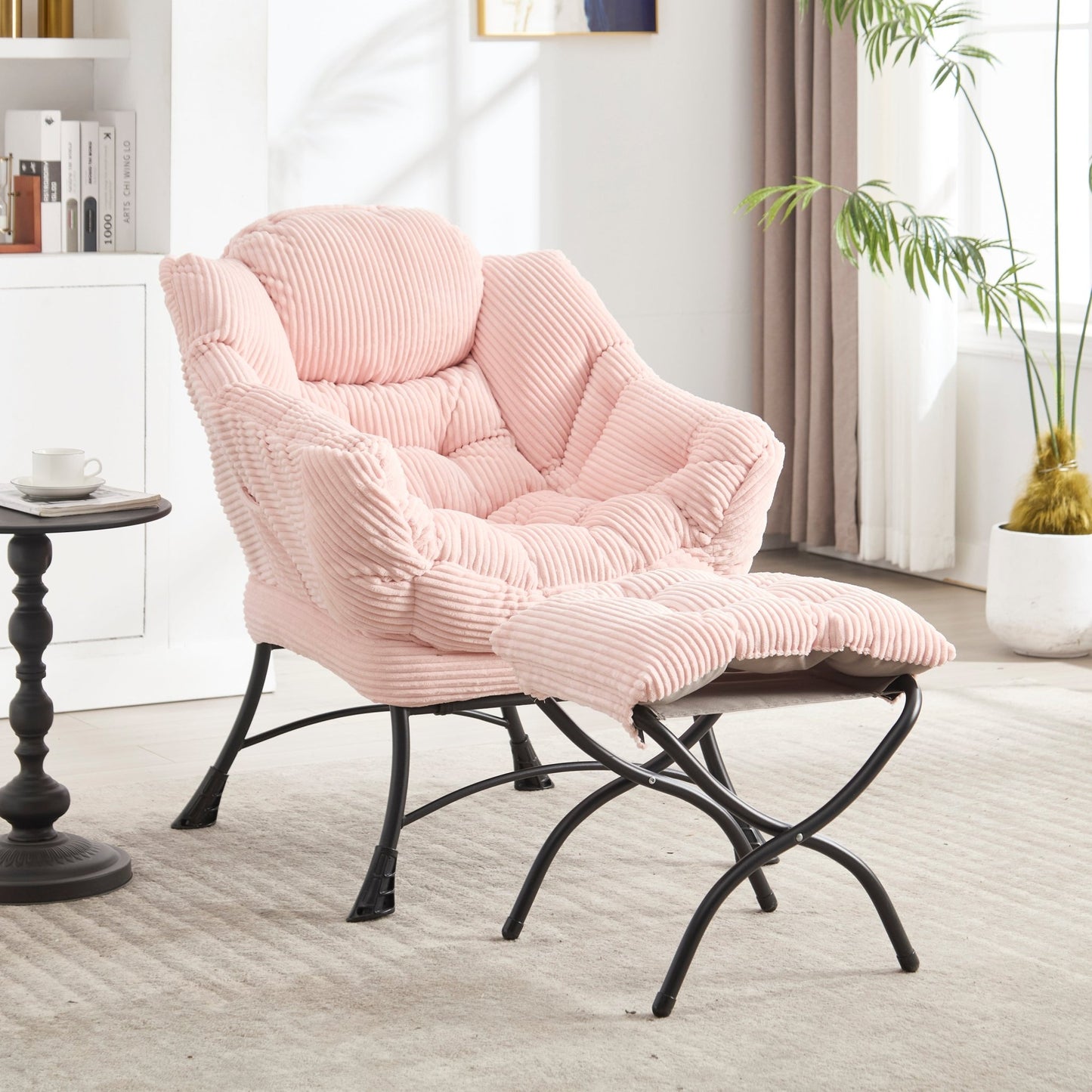 Lazy Chair with Ottoman, Modern Lounge Accent Chair with Armrests and a Side Pocket, Leisure Upholstered Sofa Chair Reading Chair with Footrest for Small Space, Corner Chair - Pink - 1st Choice Furniture Direct