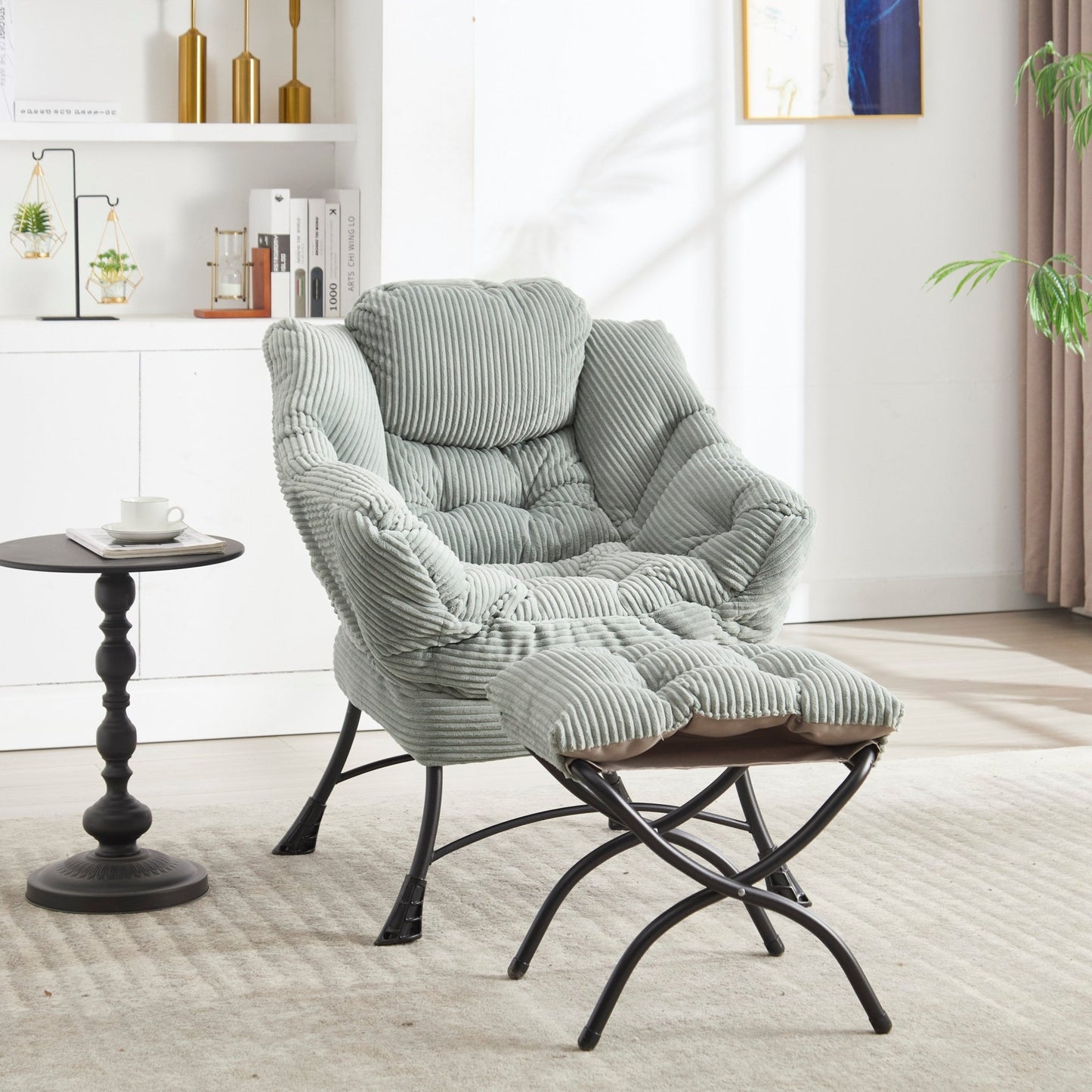 Lazy Chair with Ottoman, Modern Lounge Accent Chair with Armrests and a Side Pocket, Leisure Upholstered Sofa Chair Reading Chair with Footrest for Small Space, Corner Chair - Light green - 1st Choice Furniture Direct