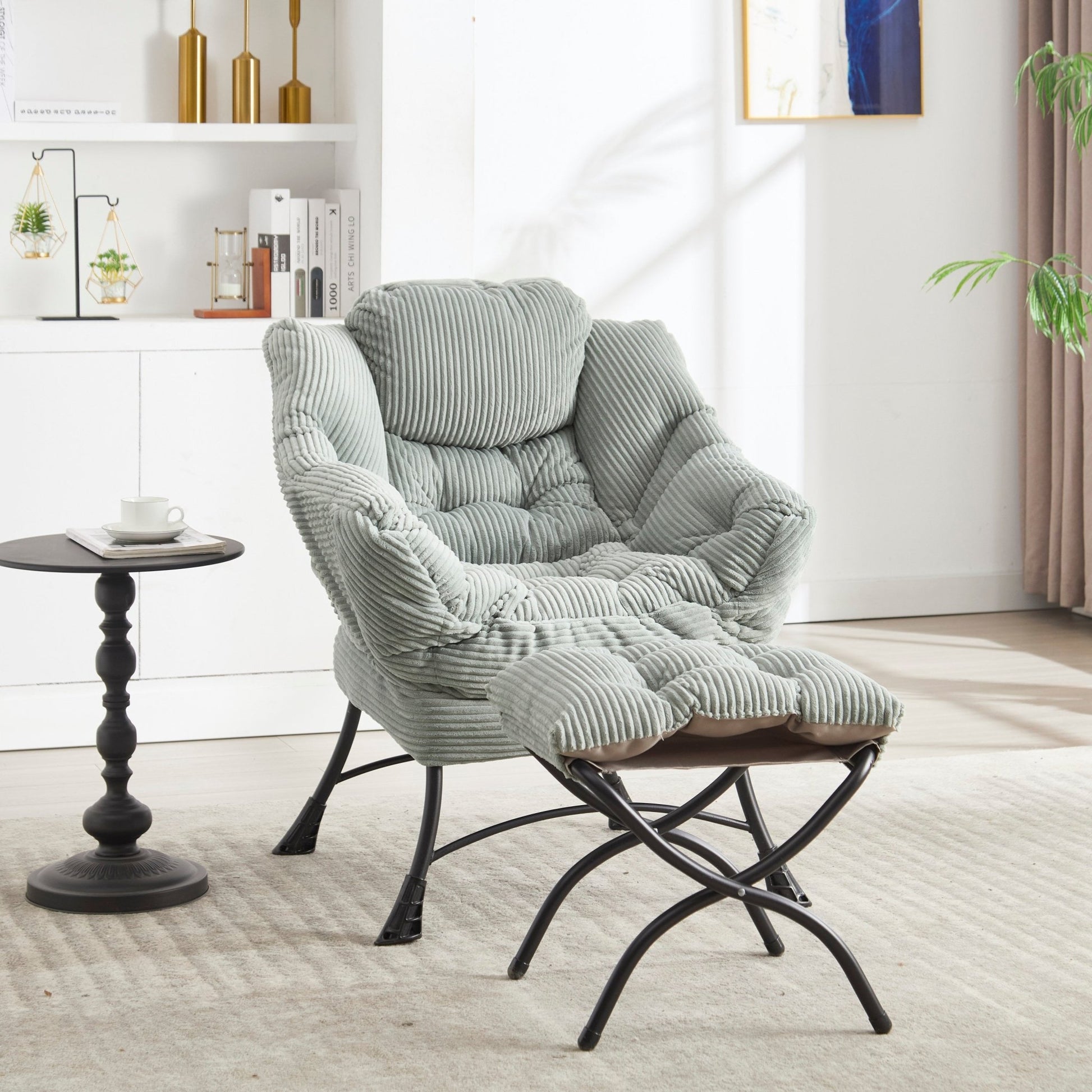 Lazy Chair with Ottoman, Modern Lounge Accent Chair with Armrests and a Side Pocket, Leisure Upholstered Sofa Chair Reading Chair with Footrest for Small Space, Corner Chair - Light green - 1st Choice Furniture Direct