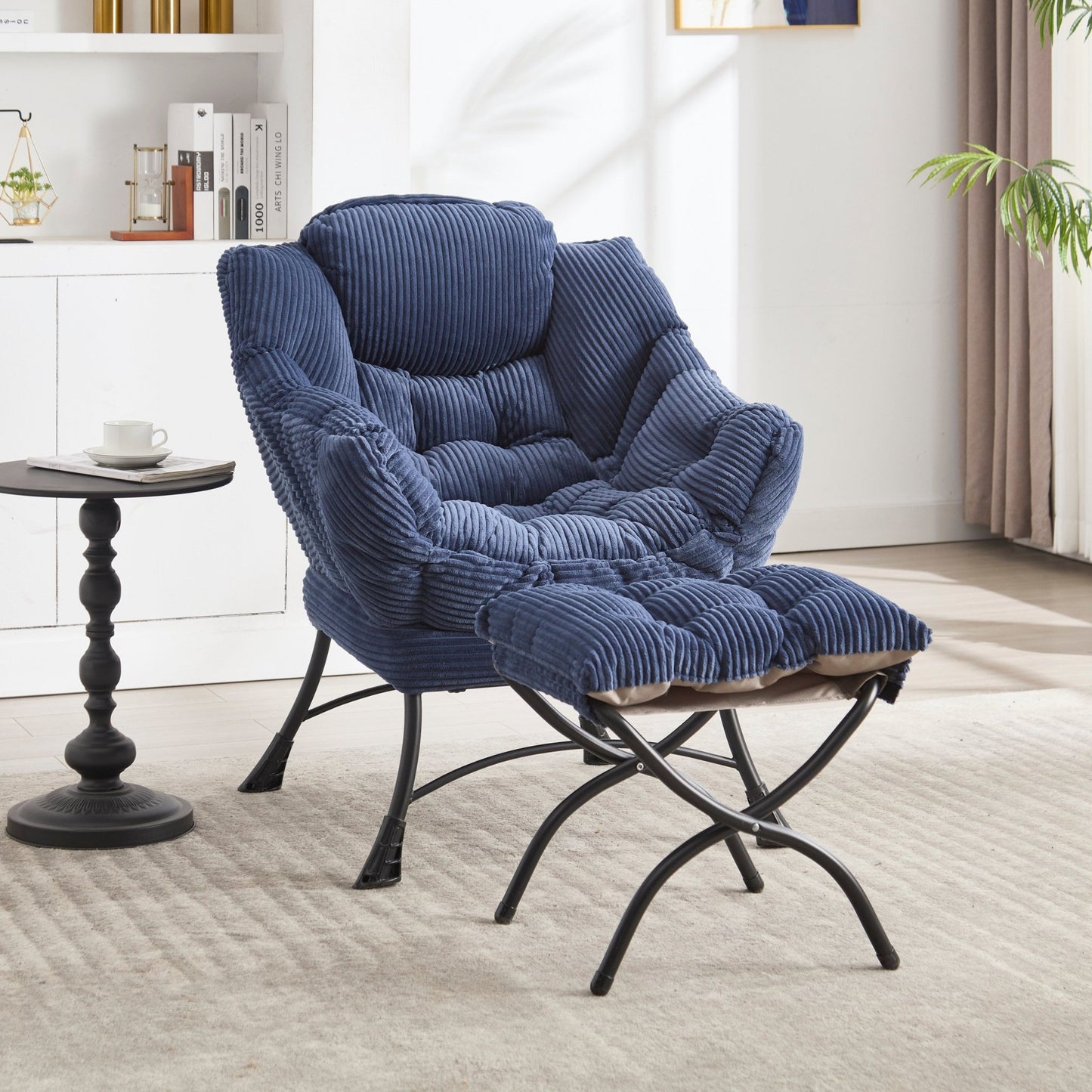 Lazy Chair with Ottoman, Modern Lounge Accent Chair with Armrests and a Side Pocket, Leisure Upholstered Sofa Chair Reading Chair with Footrest for Small Space, Corner Chair - Navy blue - 1st Choice Furniture Direct