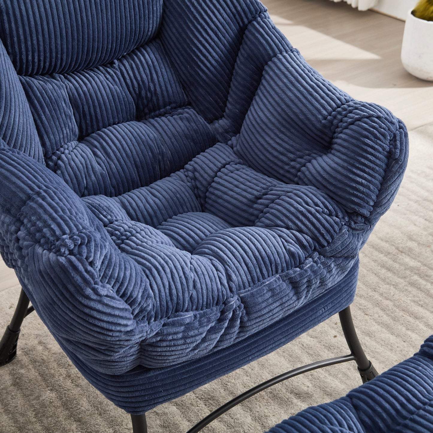 Lazy Chair with Ottoman, Modern Lounge Accent Chair with Armrests and a Side Pocket, Leisure Upholstered Sofa Chair Reading Chair with Footrest for Small Space, Corner Chair - Navy blue - 1st Choice Furniture Direct