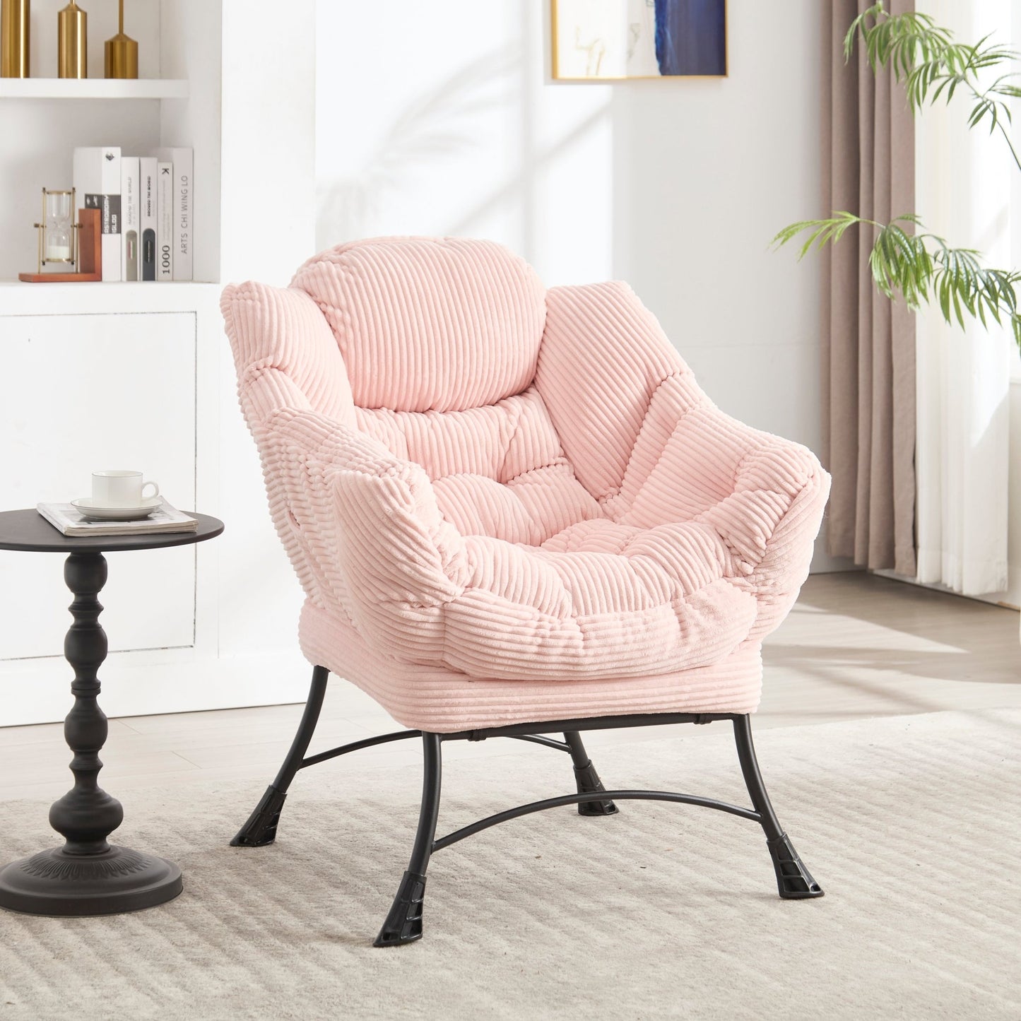 Lazy Chair with Ottoman, Modern Lounge Accent Chair with Armrests and a Side Pocket, Leisure Upholstered Sofa Chair Reading Chair with Footrest for Small Space, Corner Chair - Pink - 1st Choice Furniture Direct