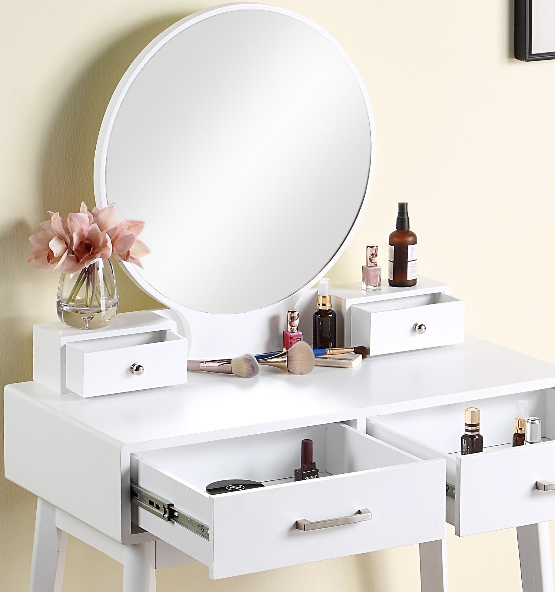 Liannon Contemporary Wood Vanity and Stool Set, White - 1st Choice Furniture Direct