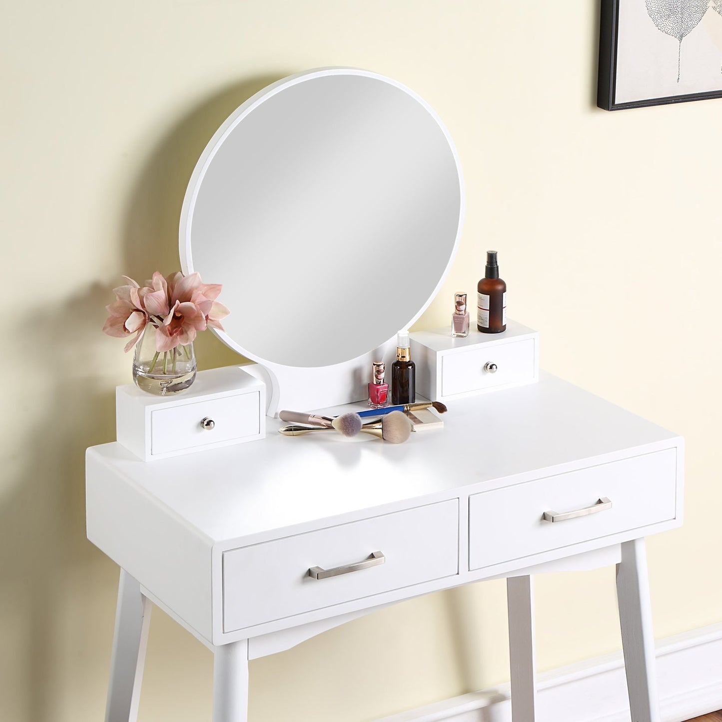 Liannon Contemporary Wood Vanity and Stool Set, White - 1st Choice Furniture Direct