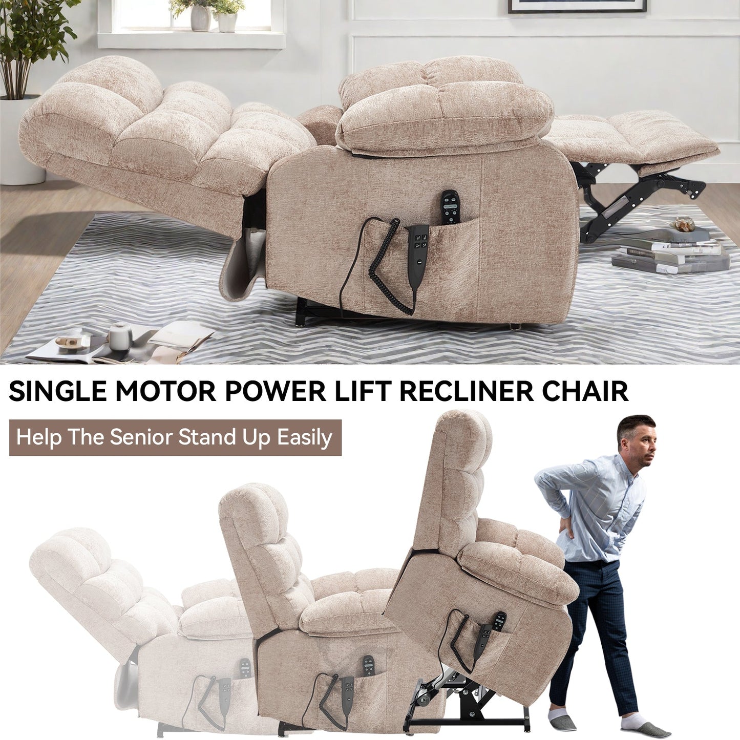 Lift Recliner Chair Heat Massage Dual Motor Infinite Position Up to 350 LBS Large Electric Power Lift Recliners with Power - Remote, Medium - firm and Heavy duty, Beige - 1st Choice Furniture Direct