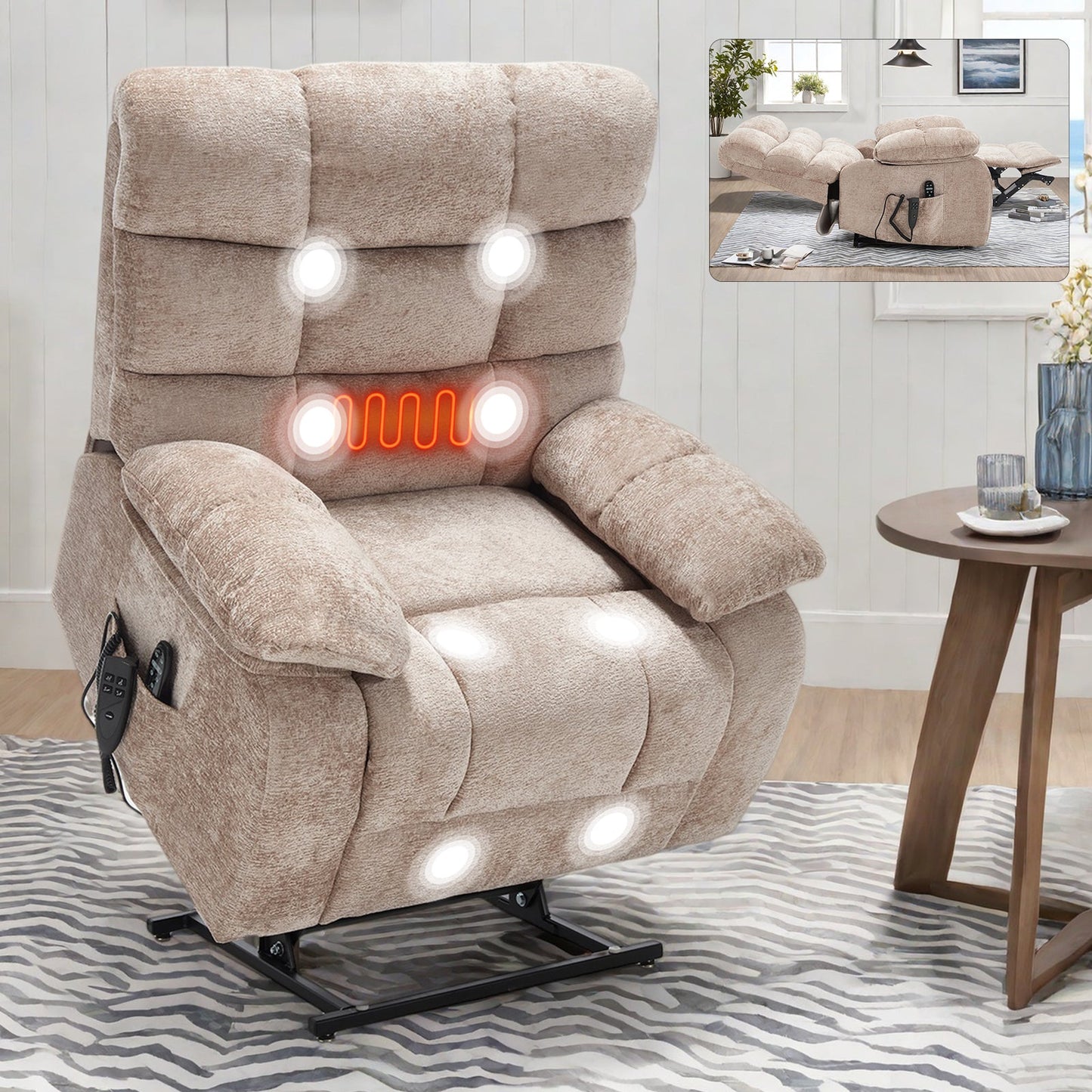 Lift Recliner Chair Heat Massage Dual Motor Infinite Position Up to 350 LBS Large Electric Power Lift Recliners with Power - Remote, Medium - firm and Heavy duty, Beige - 1st Choice Furniture Direct