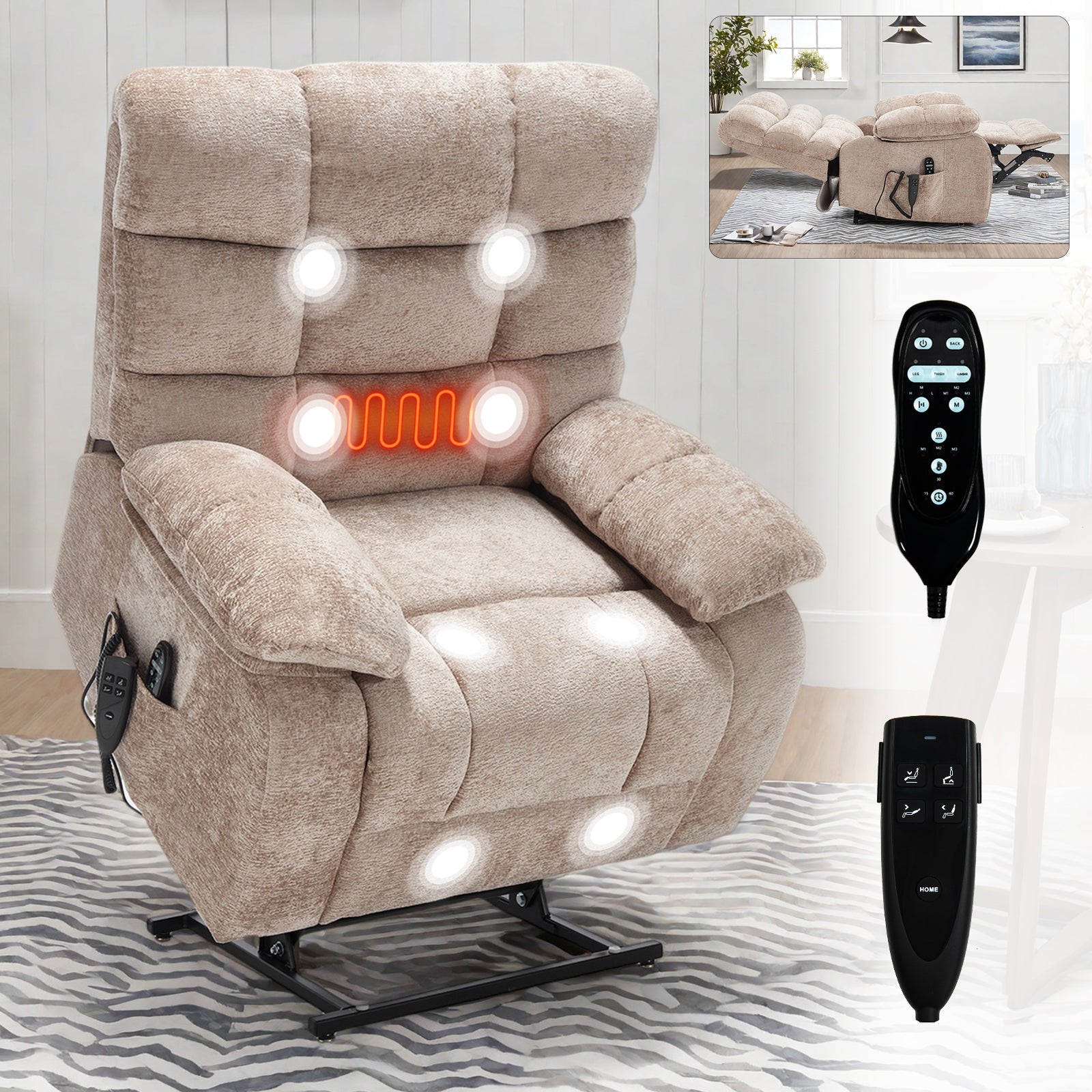 Lift Recliner Chair Heat Massage Dual Motor Infinite Position Up to 350 LBS Large Electric Power Lift Recliners with Power - Remote, Medium - firm and Heavy duty, Beige - 1st Choice Furniture Direct