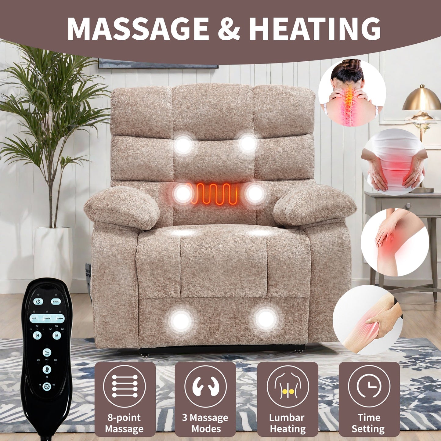 Lift Recliner Chair Heat Massage Dual Motor Infinite Position Up to 350 LBS Large Electric Power Lift Recliners with Power - Remote, Medium - firm and Heavy duty, Beige - 1st Choice Furniture Direct