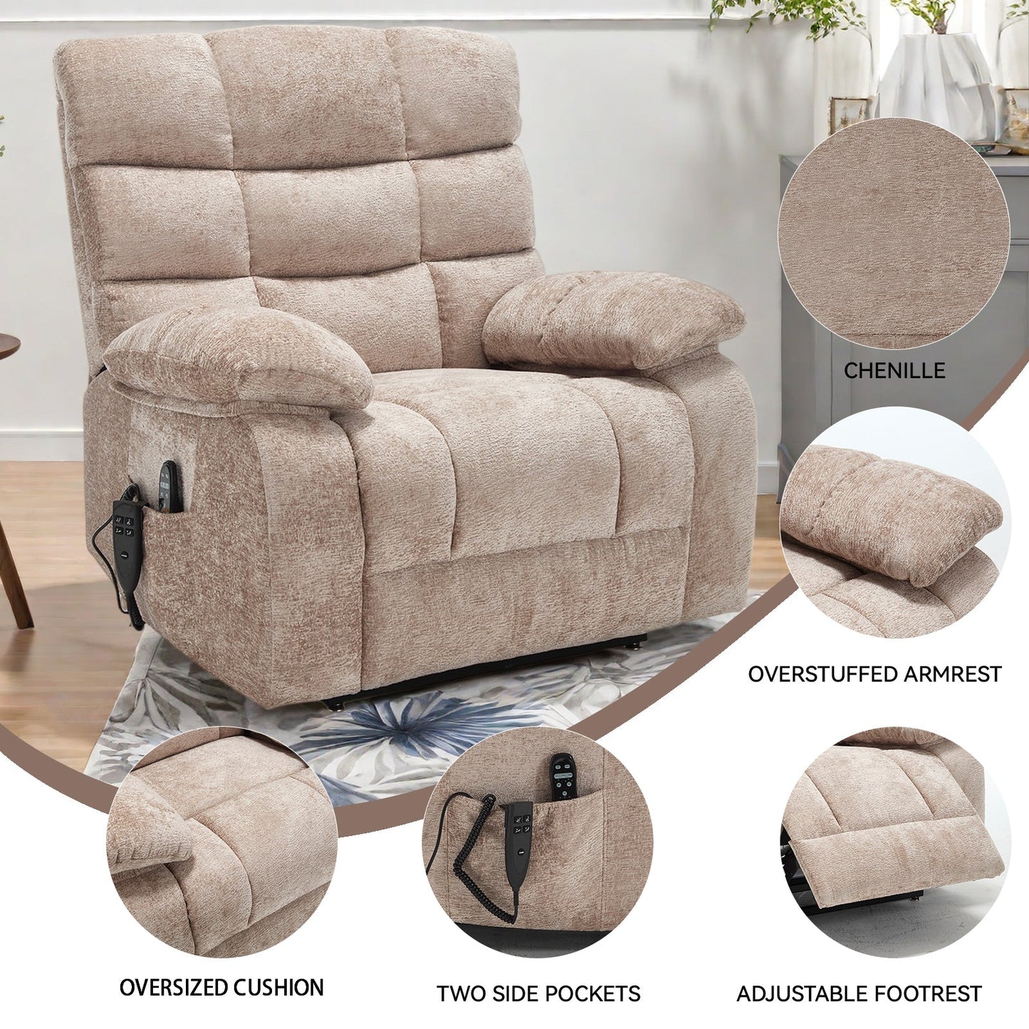 Lift Recliner Chair Heat Massage Dual Motor Infinite Position Up to 350 LBS Large Electric Power Lift Recliners with Power - Remote, Medium - firm and Heavy duty, Beige - 1st Choice Furniture Direct