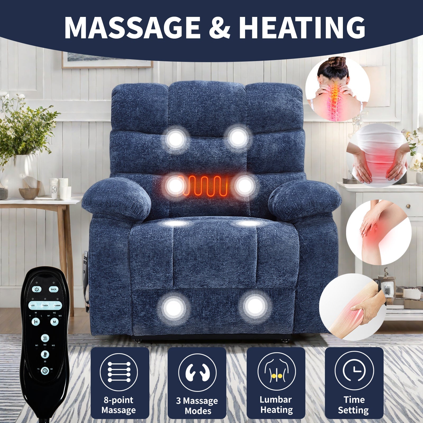 Lift Recliner Chair Heat Massage Dual Motor Infinite Position Up to 350 LBS Large Electric Power Lift Recliners with Power - Remote, Medium - firm and Heavy duty, Blue - 1st Choice Furniture Direct