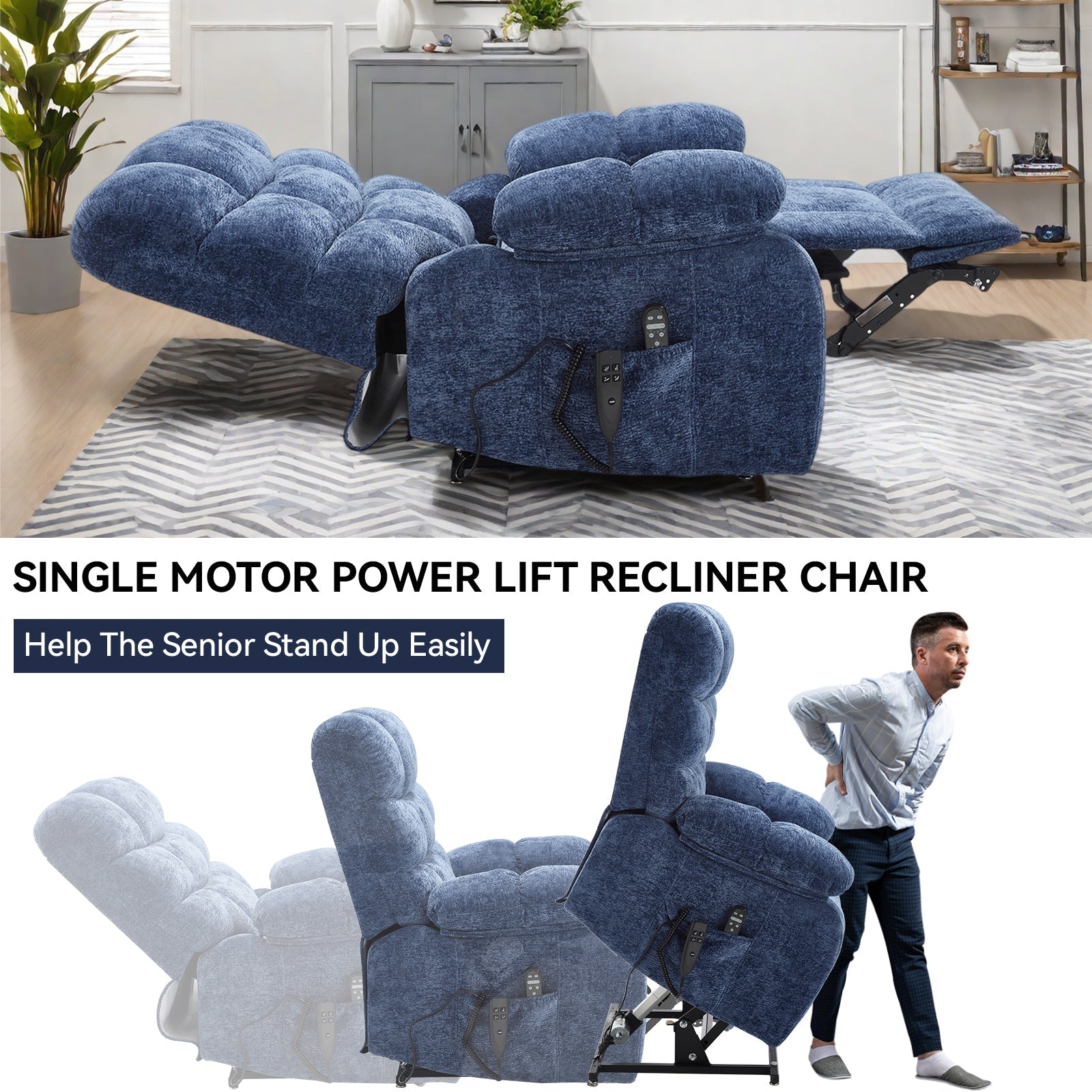 Lift Recliner Chair Heat Massage Dual Motor Infinite Position Up to 350 LBS Large Electric Power Lift Recliners with Power - Remote, Medium - firm and Heavy duty, Blue - 1st Choice Furniture Direct