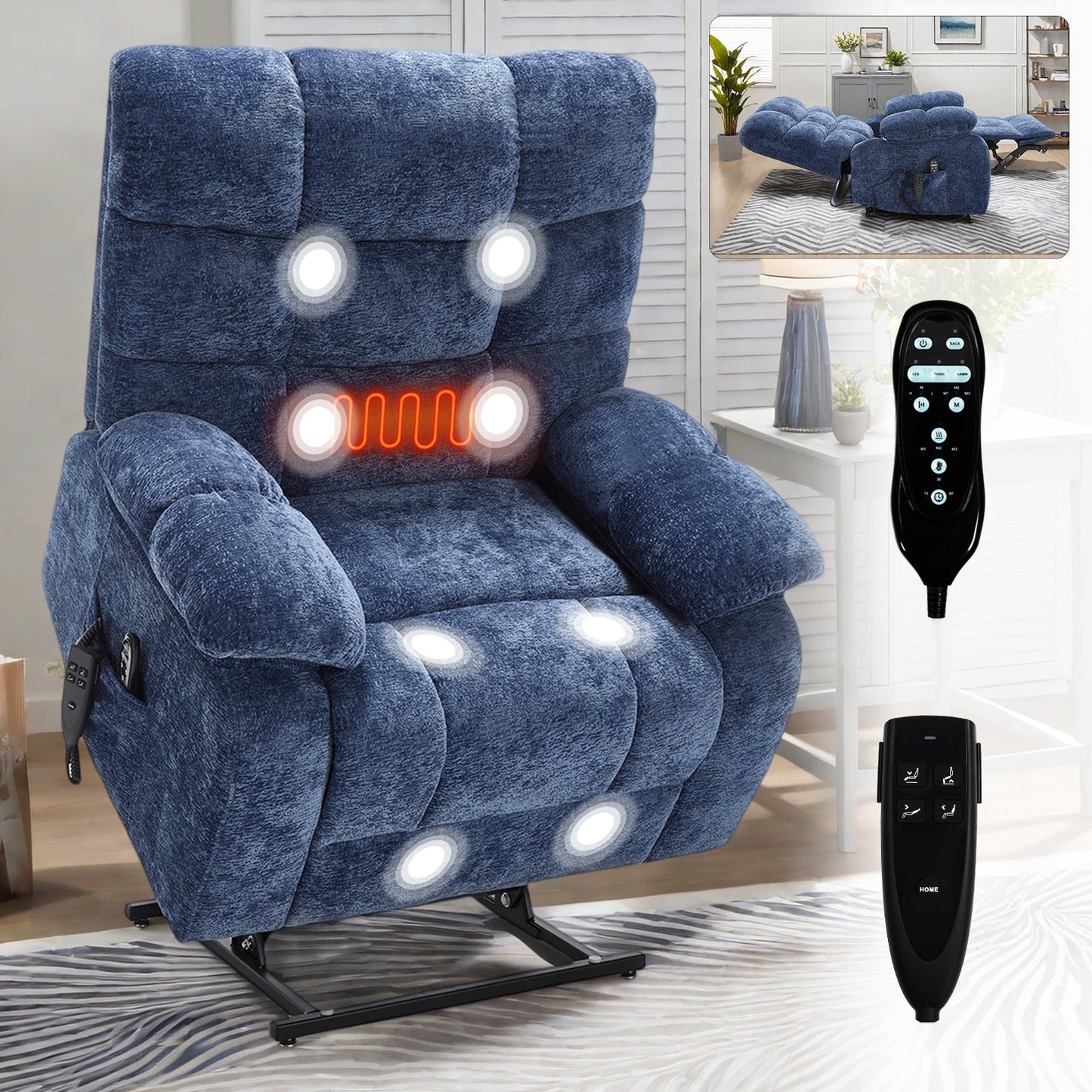 Lift Recliner Chair Heat Massage Dual Motor Infinite Position Up to 350 LBS Large Electric Power Lift Recliners with Power - Remote, Medium - firm and Heavy duty, Blue - 1st Choice Furniture Direct