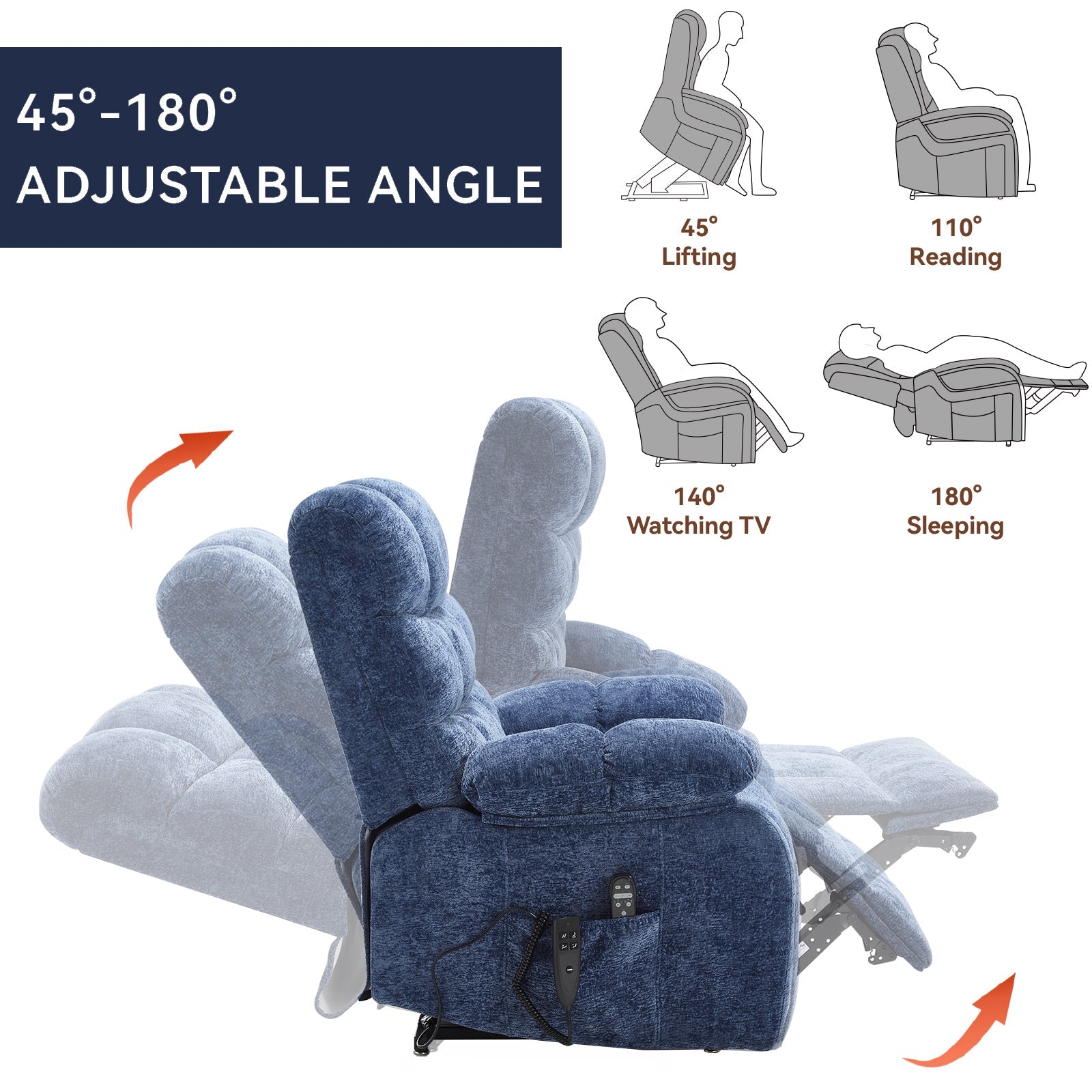 Lift Recliner Chair Heat Massage Dual Motor Infinite Position Up to 350 LBS Large Electric Power Lift Recliners with Power - Remote, Medium - firm and Heavy duty, Blue - 1st Choice Furniture Direct