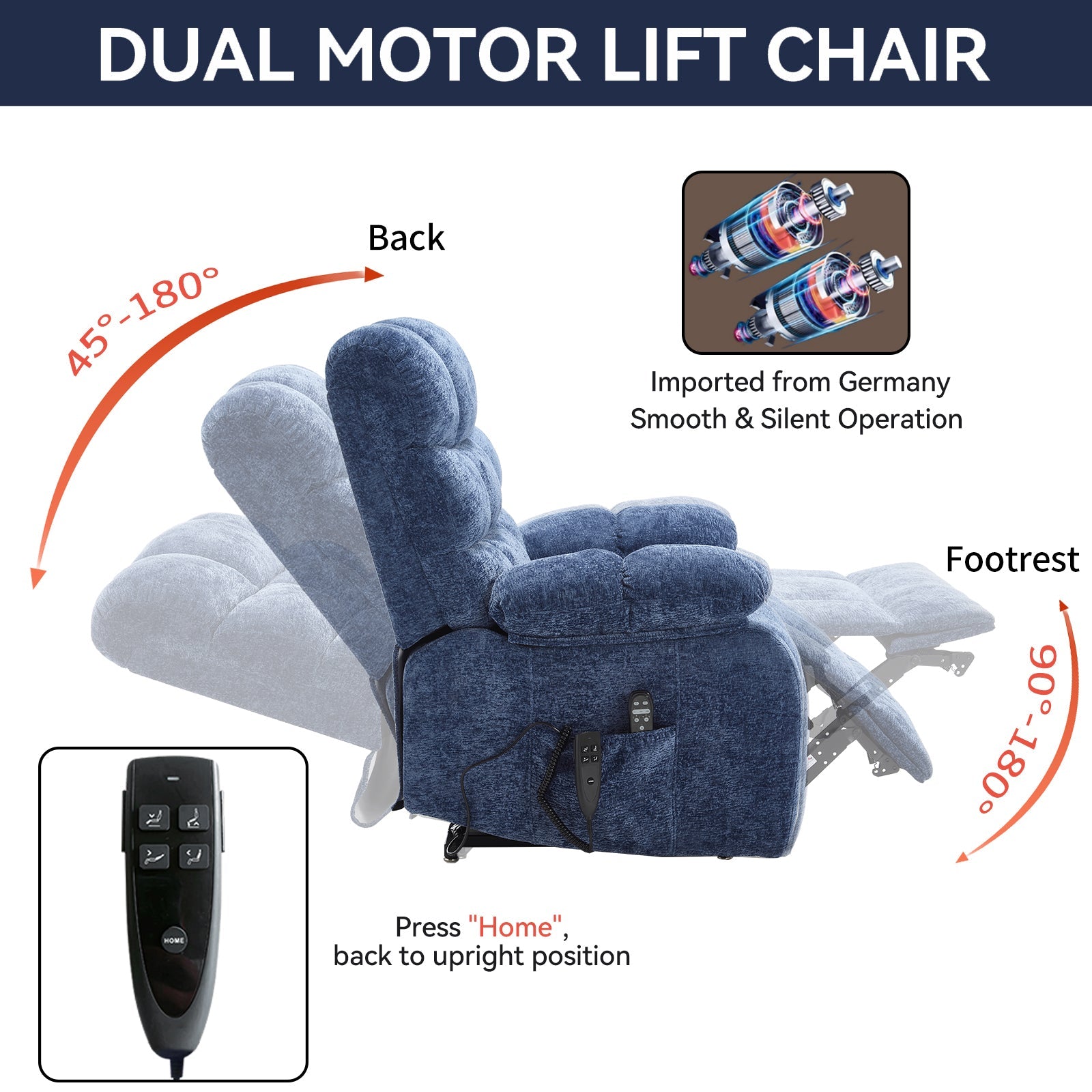 Lift Recliner Chair Heat Massage Dual Motor Infinite Position Up to 350 LBS Large Electric Power Lift Recliners with Power - Remote, Medium - firm and Heavy duty, Blue - 1st Choice Furniture Direct