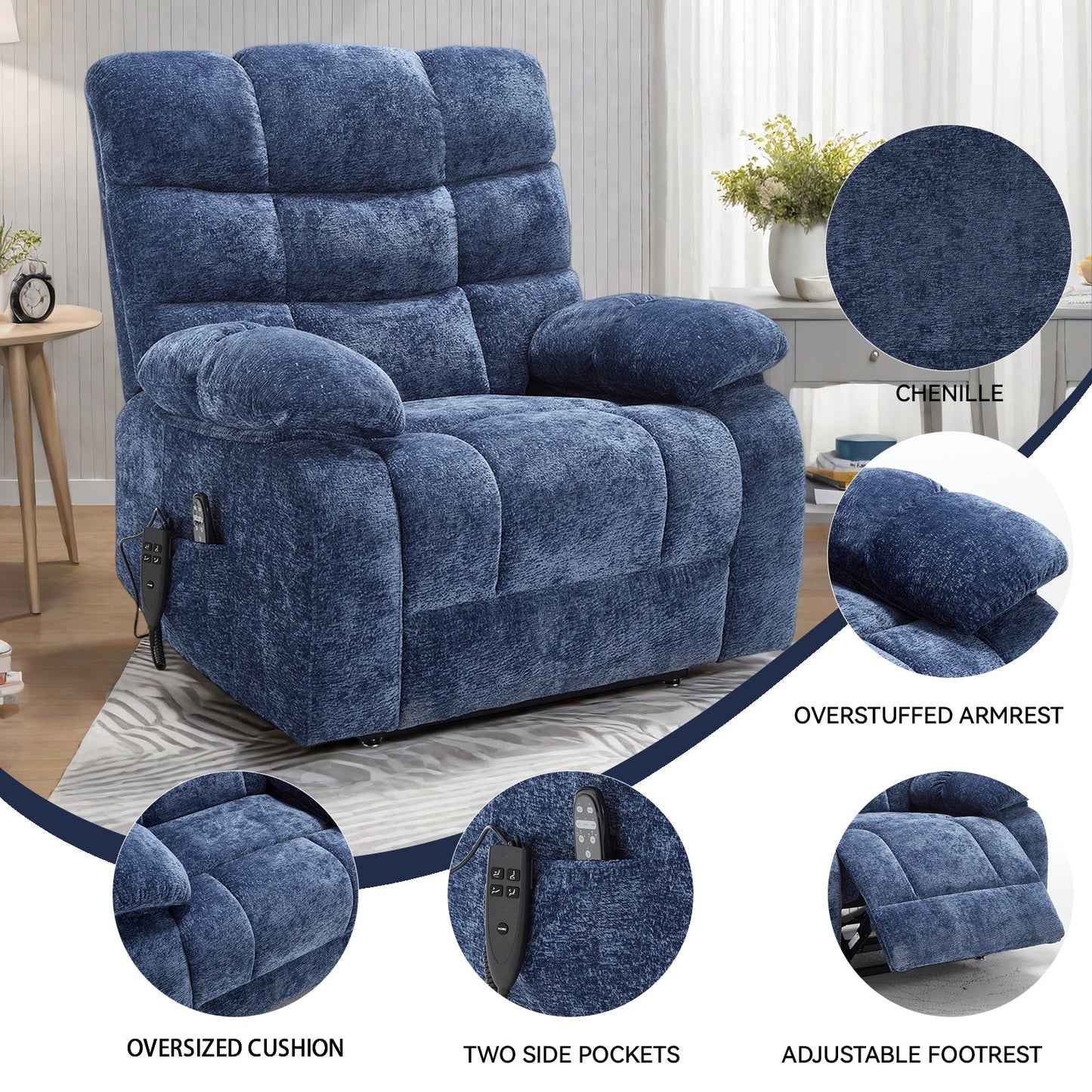Lift Recliner Chair Heat Massage Dual Motor Infinite Position Up to 350 LBS Large Electric Power Lift Recliners with Power - Remote, Medium - firm and Heavy duty, Blue - 1st Choice Furniture Direct
