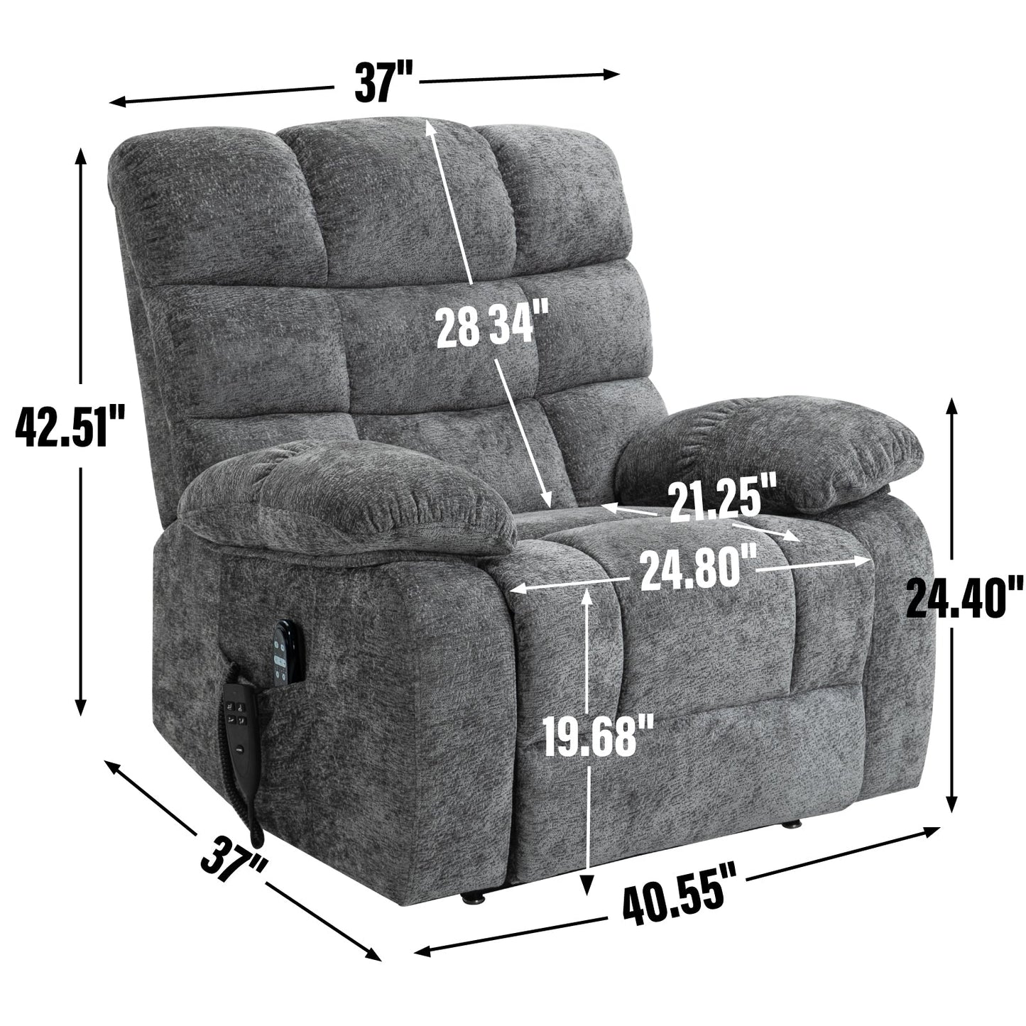 Lift Recliner Chair Heat Massage Dual Motor Infinite Position Up to 350 LBS Large Electric Power Lift Recliners with Power - Remote, Medium - firm and Heavy duty, Grey - 1st Choice Furniture Direct