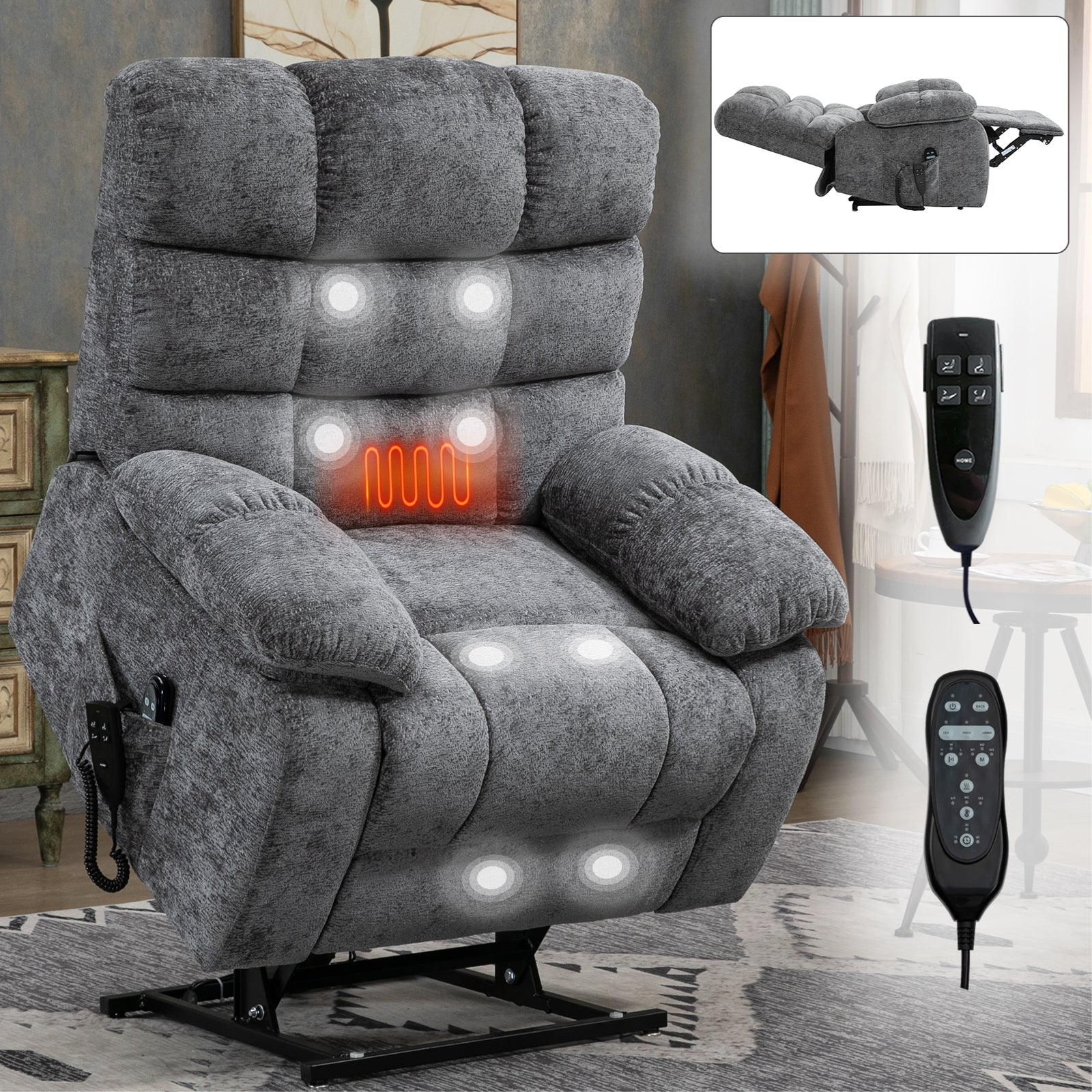 Lift Recliner Chair Heat Massage Dual Motor Infinite Position Up to 350 LBS Large Electric Power Lift Recliners with Power - Remote, Medium - firm and Heavy duty, Grey - 1st Choice Furniture Direct
