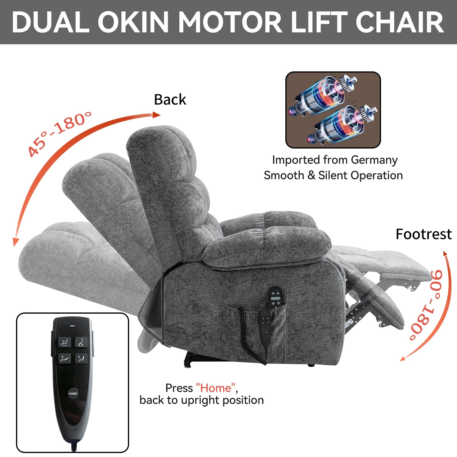Lift Recliner Chair Heat Massage Dual Motor Infinite Position Up to 350 LBS Large Electric Power Lift Recliners with Power - Remote, Medium - firm and Heavy duty, Grey - 1st Choice Furniture Direct