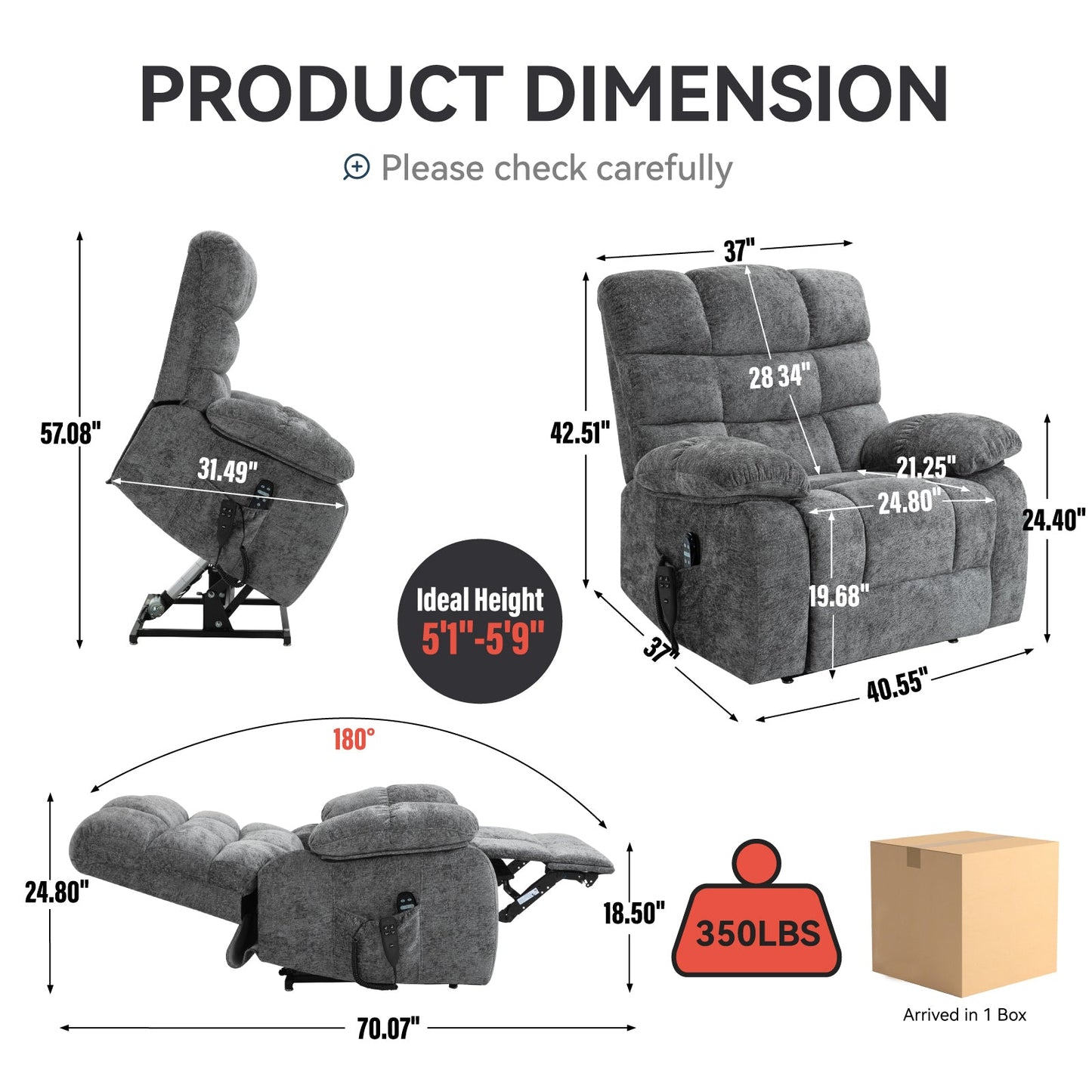 Lift Recliner Chair Heat Massage Dual Motor Infinite Position Up to 350 LBS Large Electric Power Lift Recliners with Power - Remote, Medium - firm and Heavy duty, Grey - 1st Choice Furniture Direct