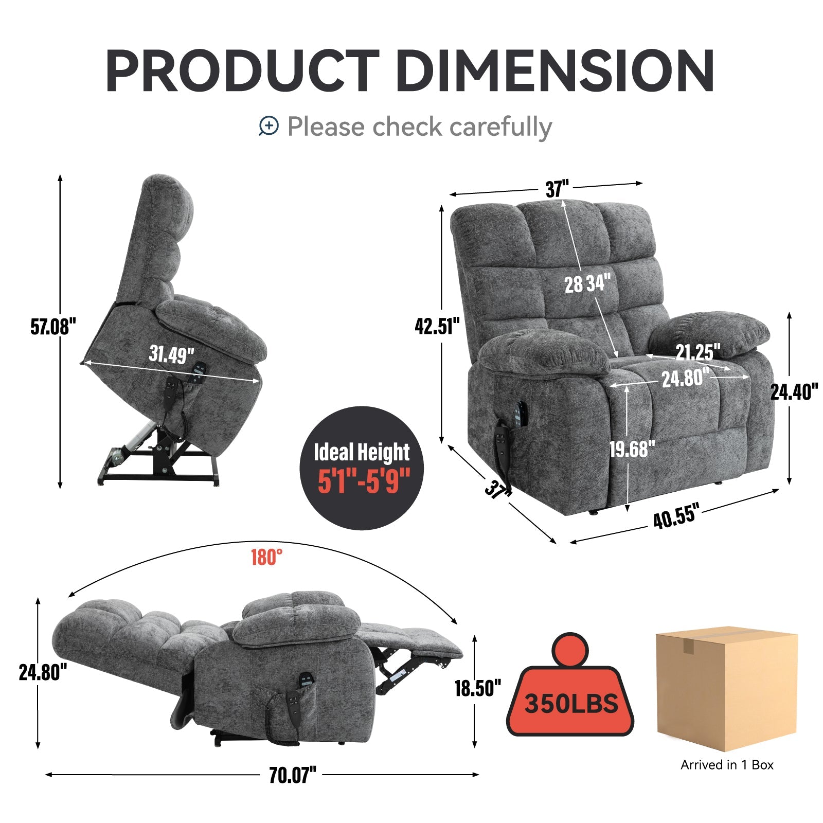 Lift Recliner Chair Heat Massage Dual Motor Infinite Position Up to 350 LBS Large Electric Power Lift Recliners with Power - Remote, Medium - firm and Heavy duty, Grey - 1st Choice Furniture Direct