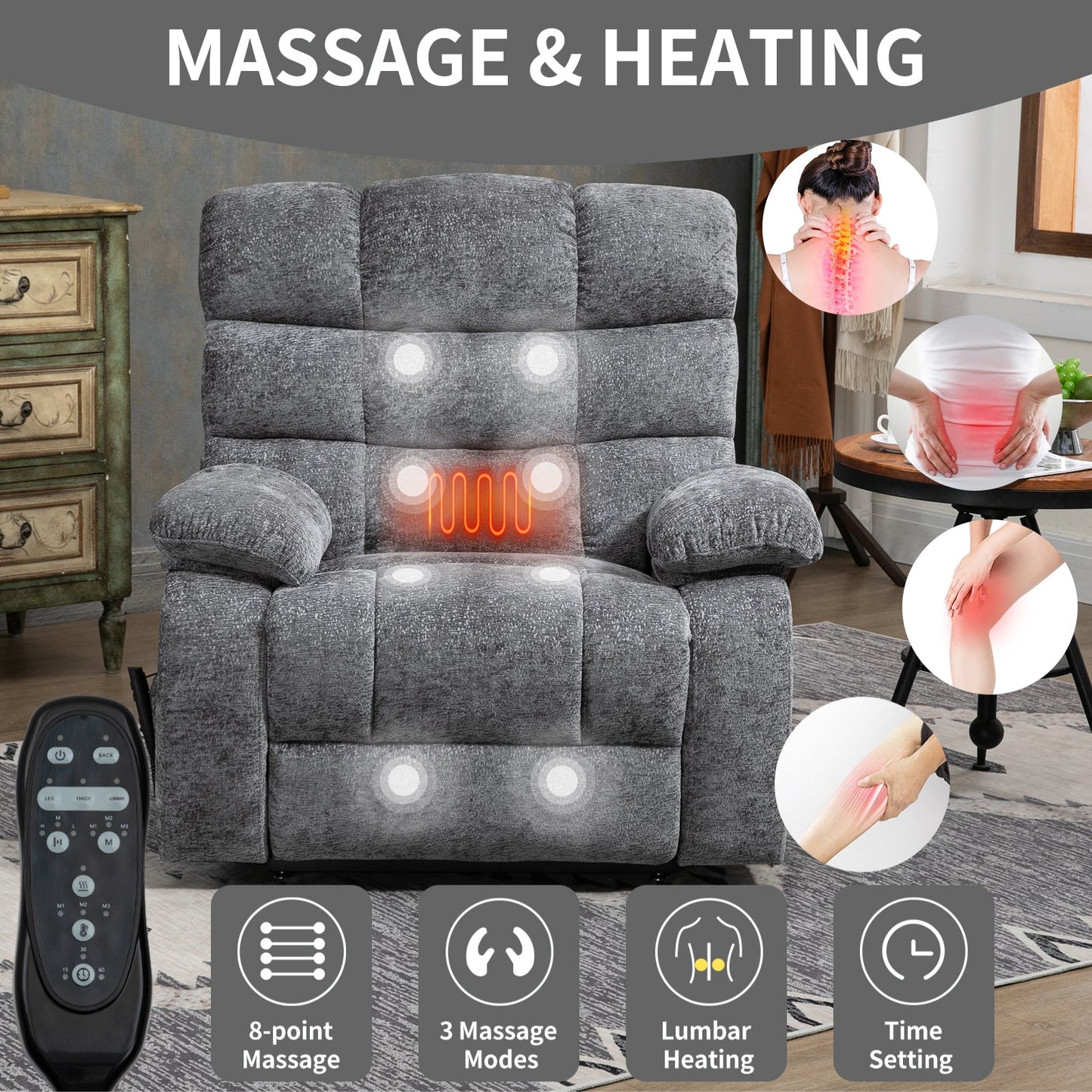 Lift Recliner Chair Heat Massage Dual Motor Infinite Position Up to 350 LBS Large Electric Power Lift Recliners with Power - Remote, Medium - firm and Heavy duty, Grey - 1st Choice Furniture Direct