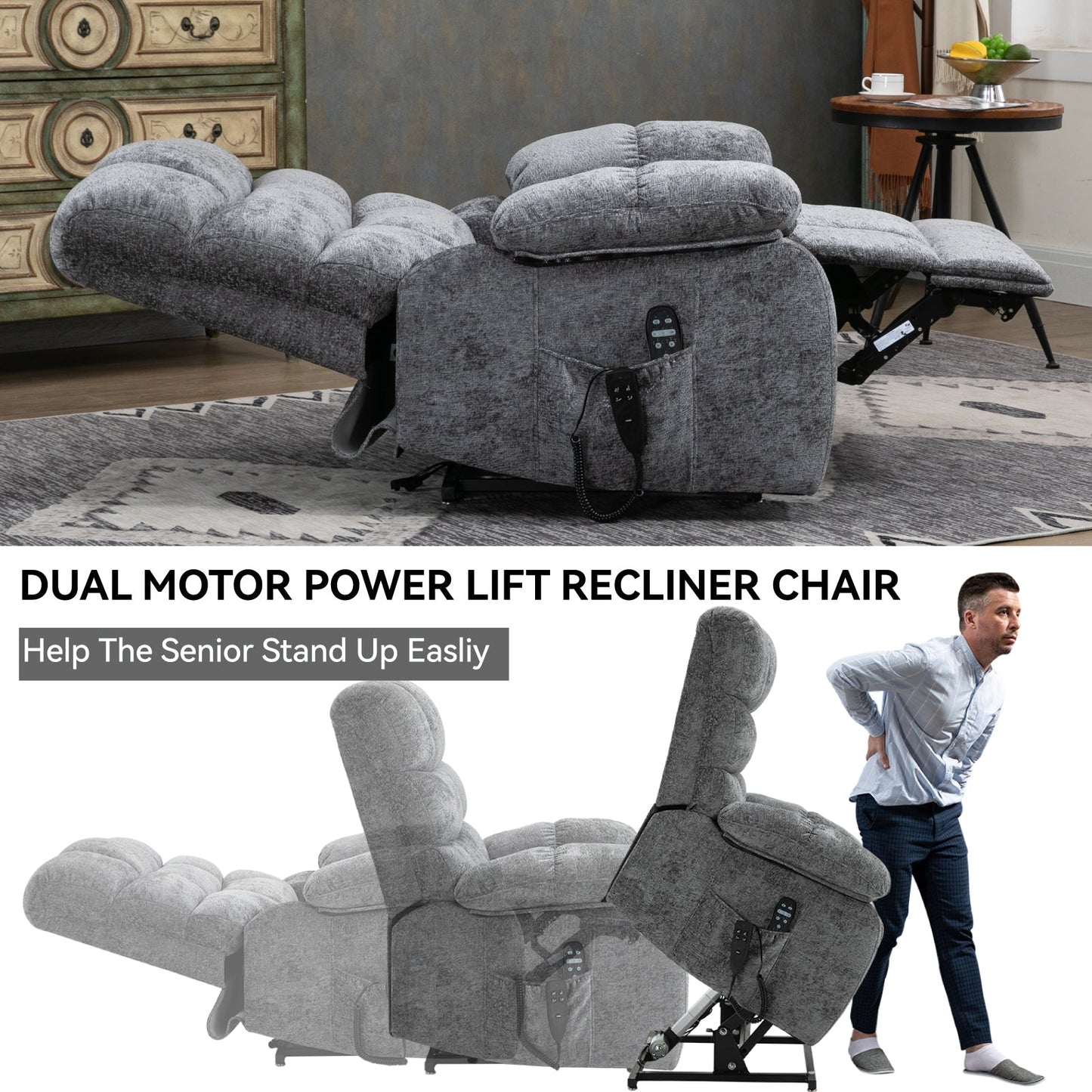 Lift Recliner Chair Heat Massage Dual Motor Infinite Position Up to 350 LBS Large Electric Power Lift Recliners with Power - Remote, Medium - firm and Heavy duty, Grey - 1st Choice Furniture Direct