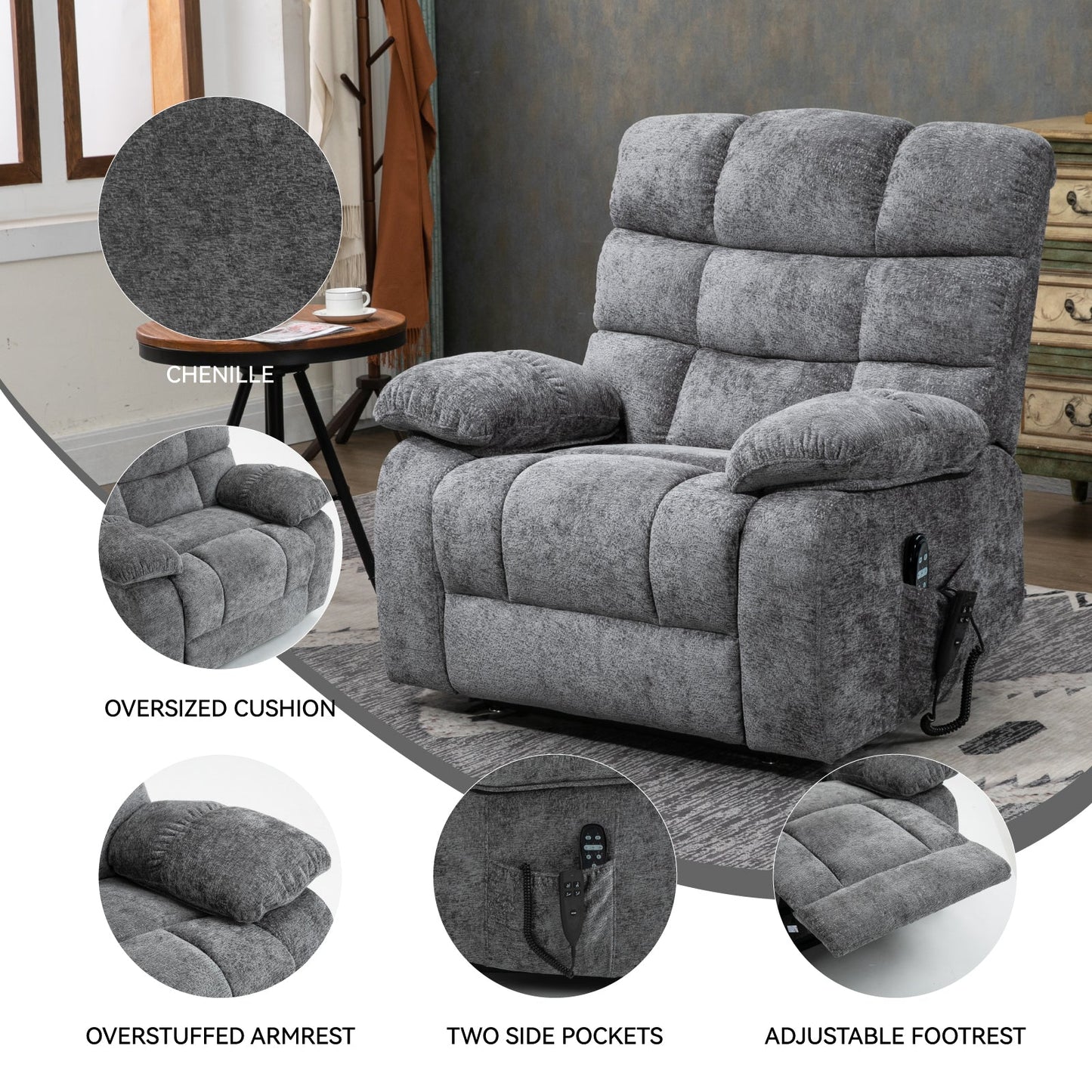 Lift Recliner Chair Heat Massage Dual Motor Infinite Position Up to 350 LBS Large Electric Power Lift Recliners with Power - Remote, Medium - firm and Heavy duty, Grey - 1st Choice Furniture Direct