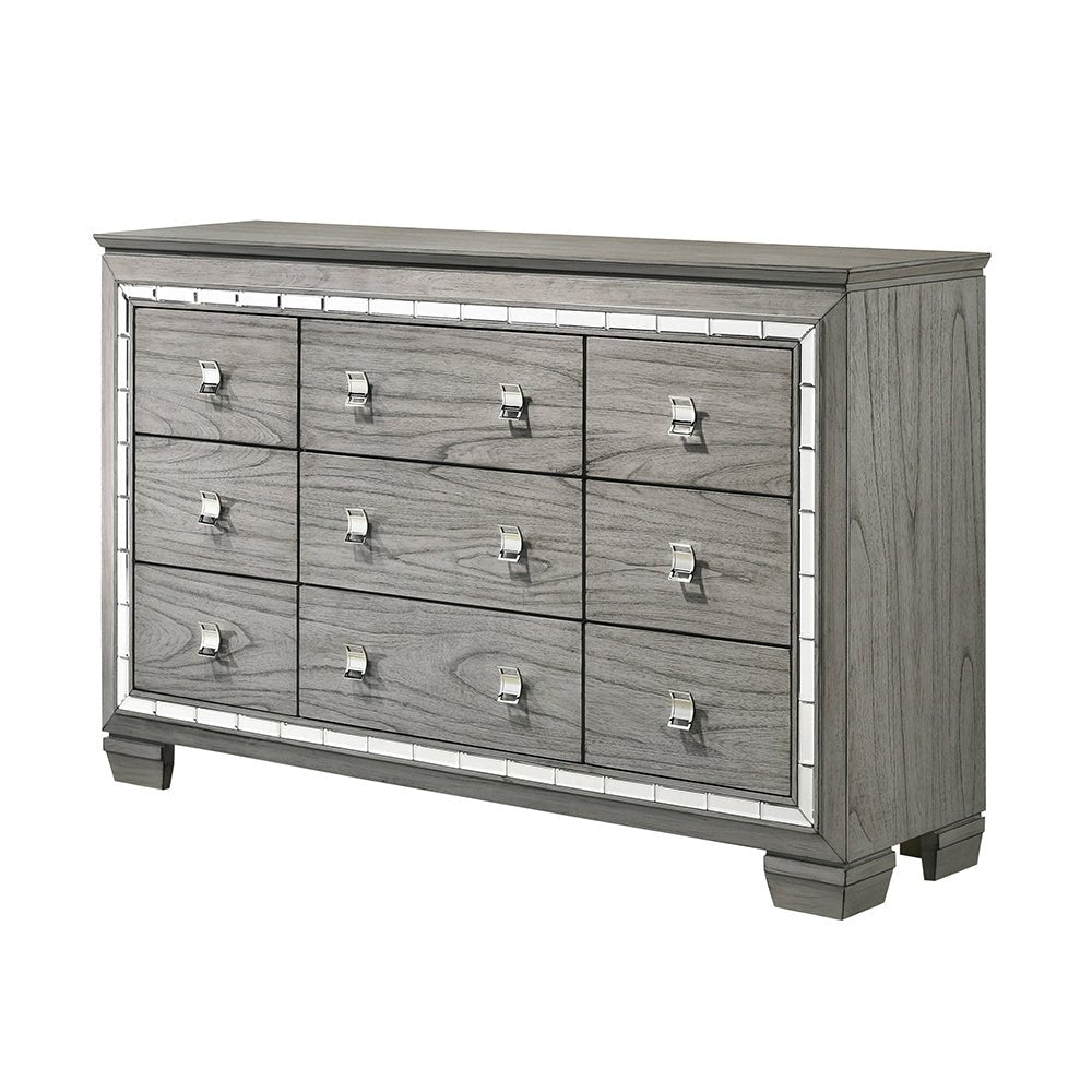Light Gray Oak 9 Drawer Dresser with Mirrored Trim - 1st Choice Furniture Direct