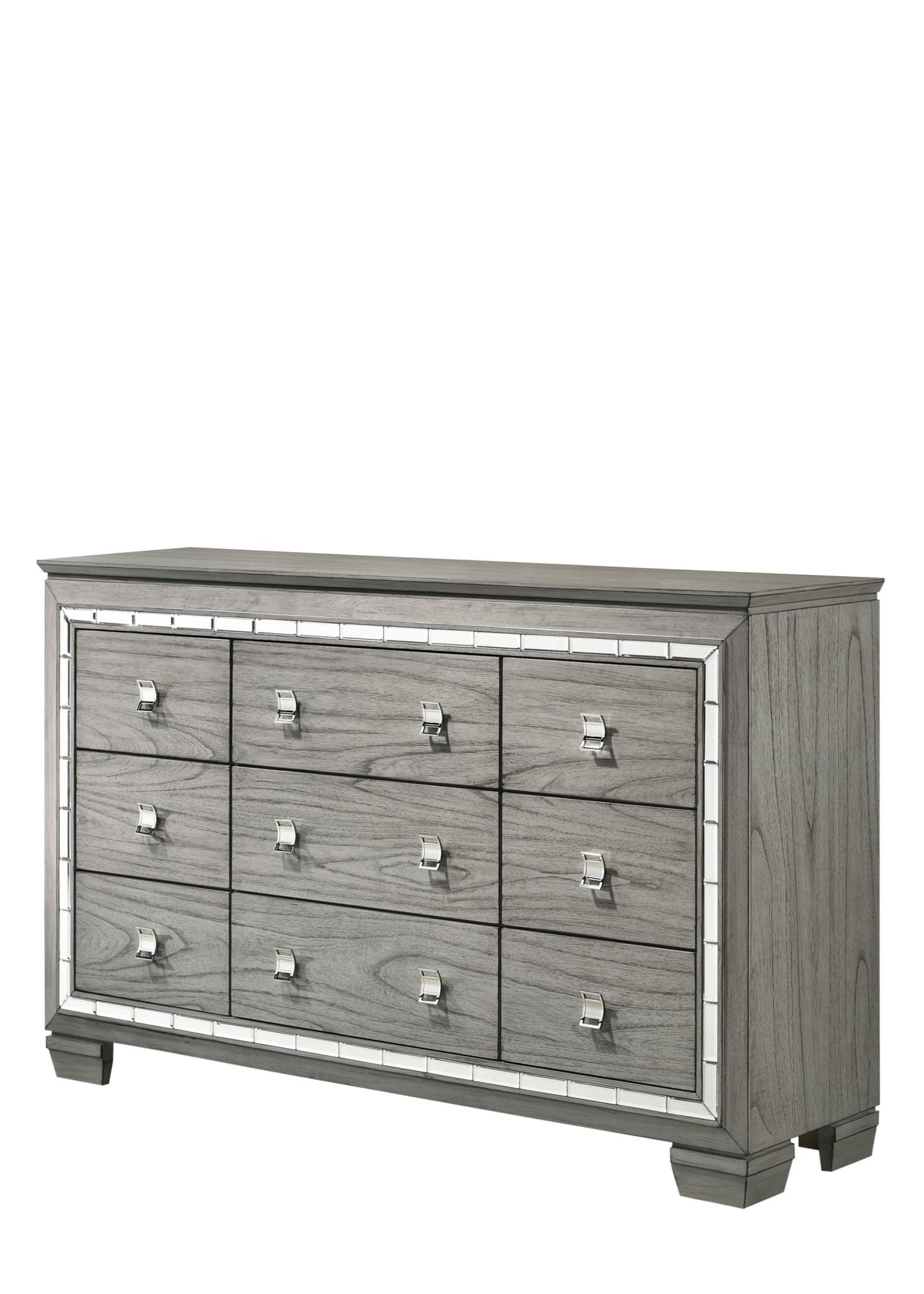 Light Gray Oak 9 Drawer Dresser with Mirrored Trim - 1st Choice Furniture Direct
