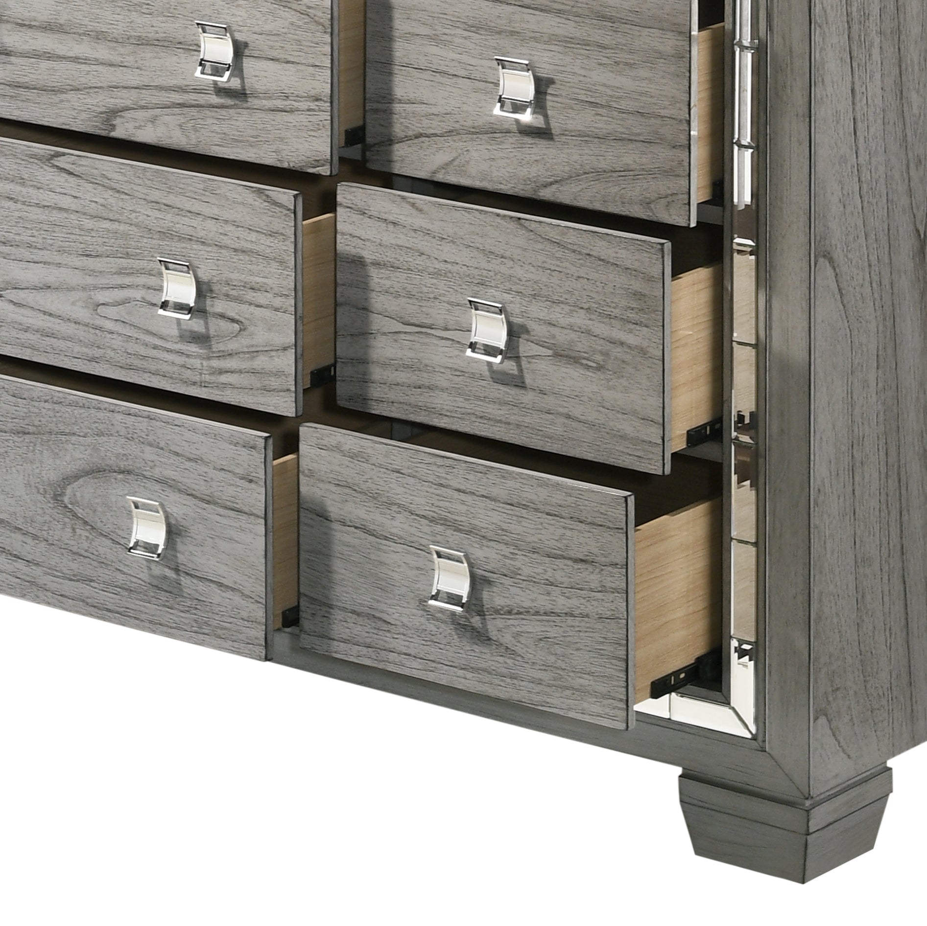 Light Gray Oak 9 Drawer Dresser with Mirrored Trim - 1st Choice Furniture Direct