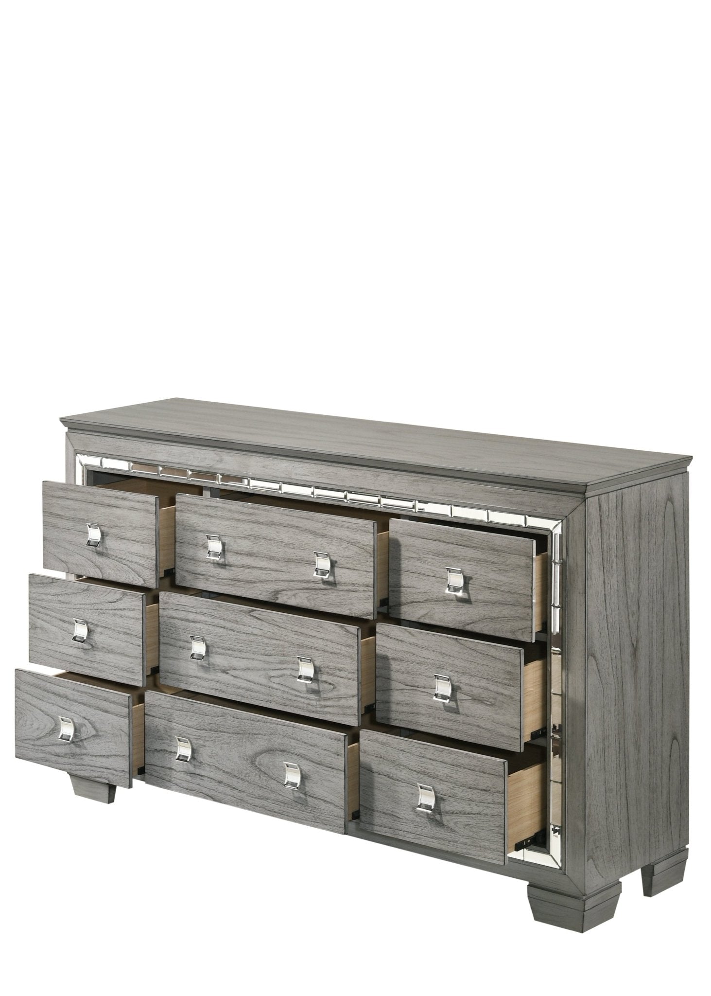 Light Gray Oak 9 Drawer Dresser with Mirrored Trim - 1st Choice Furniture Direct