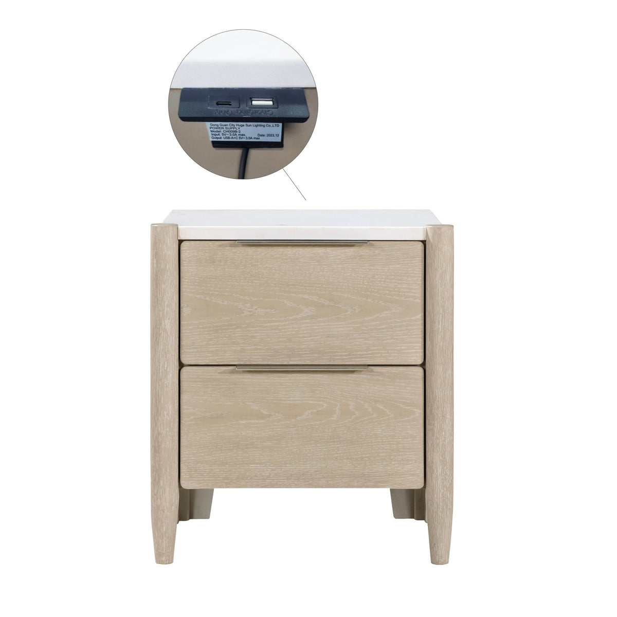 Light Oak Marble Top Nightstand with Charging Station - 1st Choice Furniture Direct