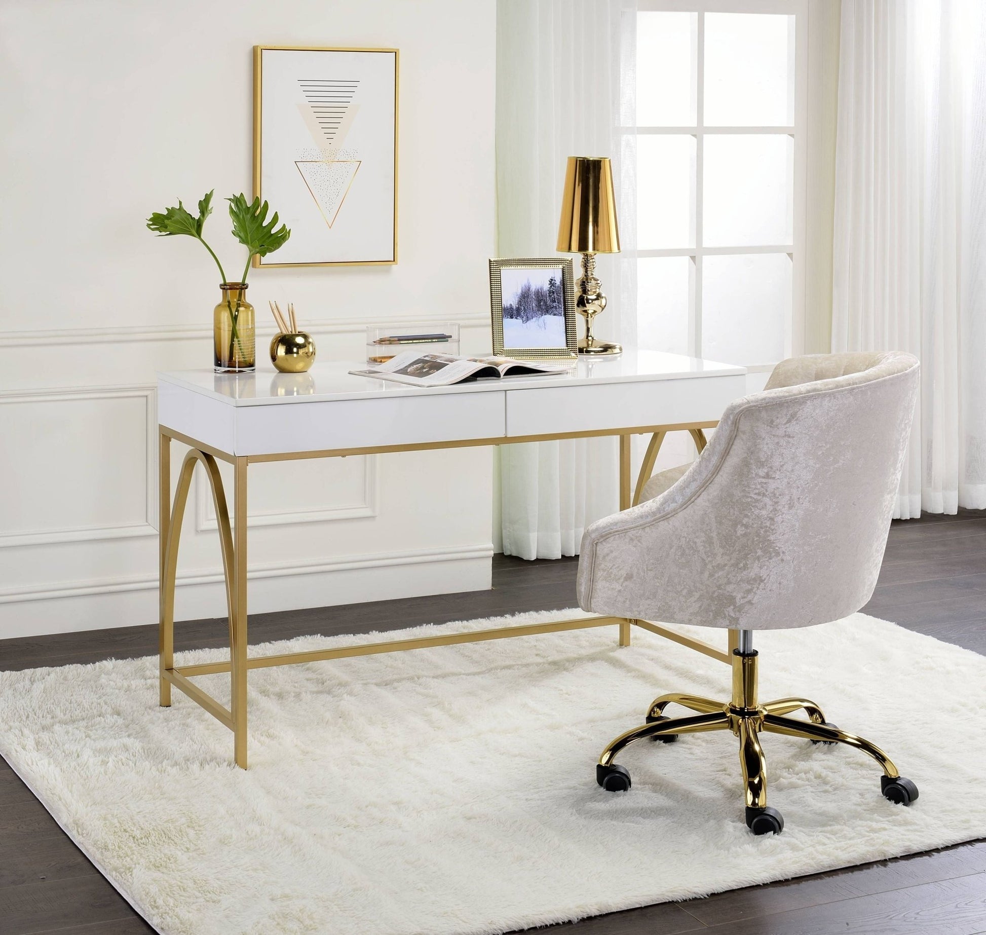 Lightmane White High Gloss & Gold Finish Vanity Desk - 1st Choice Furniture Direct