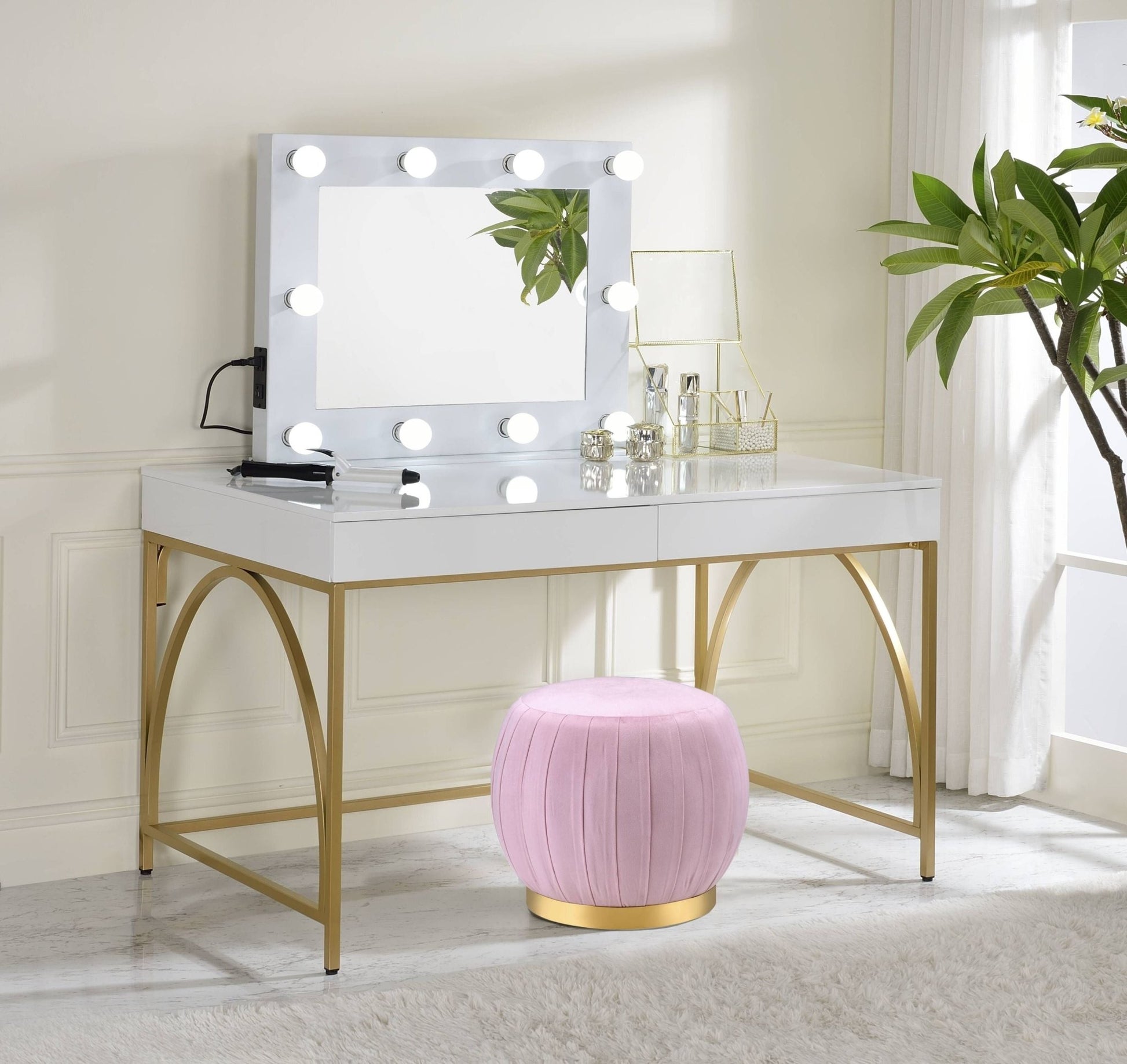 Lightmane White High Gloss & Gold Finish Vanity Desk - 1st Choice Furniture Direct